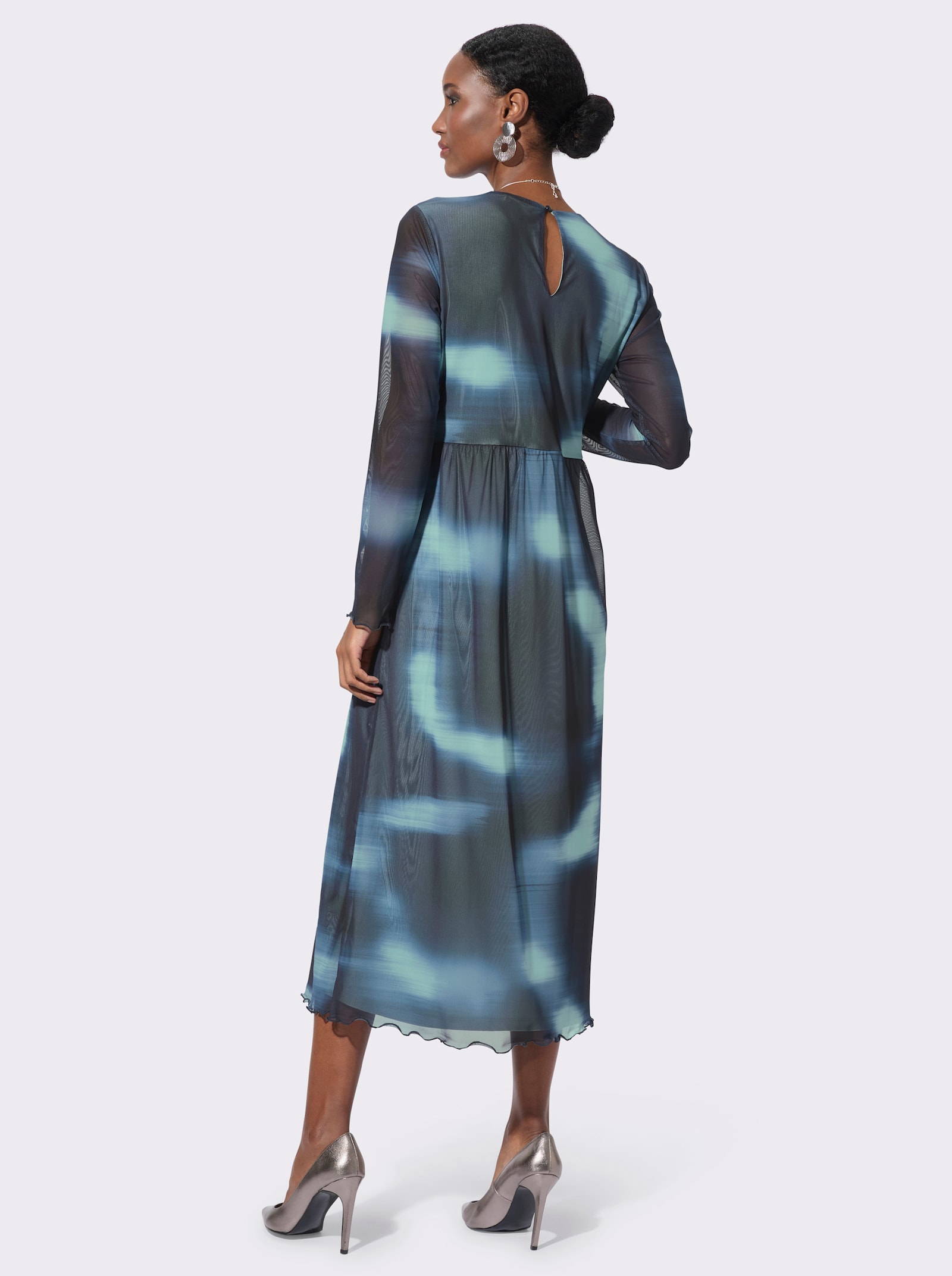 A-Linien-Kleid mit transparenten Ärmeln - marine-kalkmint-bedruckt