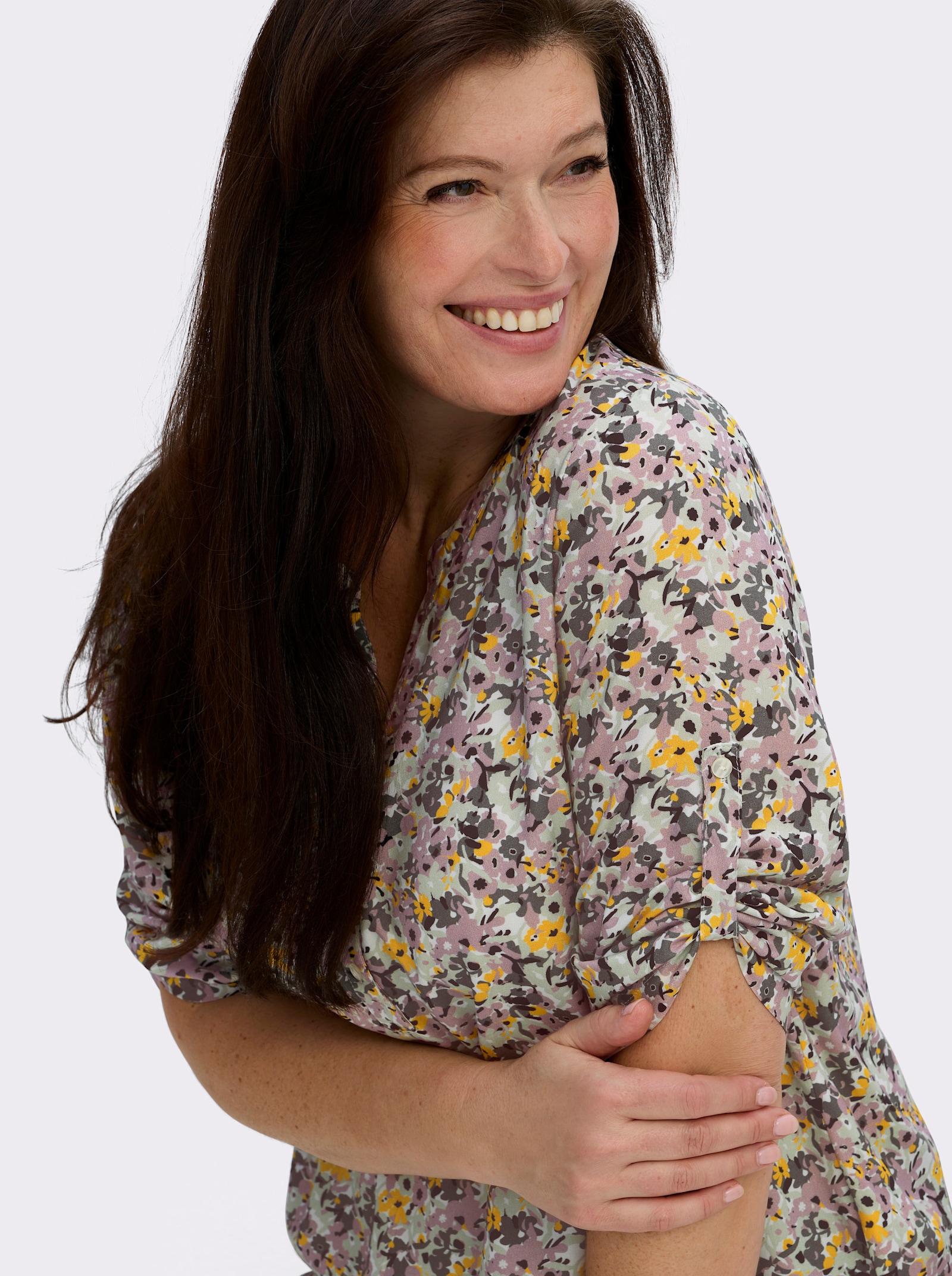 Druckbluse mit Krempelärmeln - hortensie-gelb-bedruckt