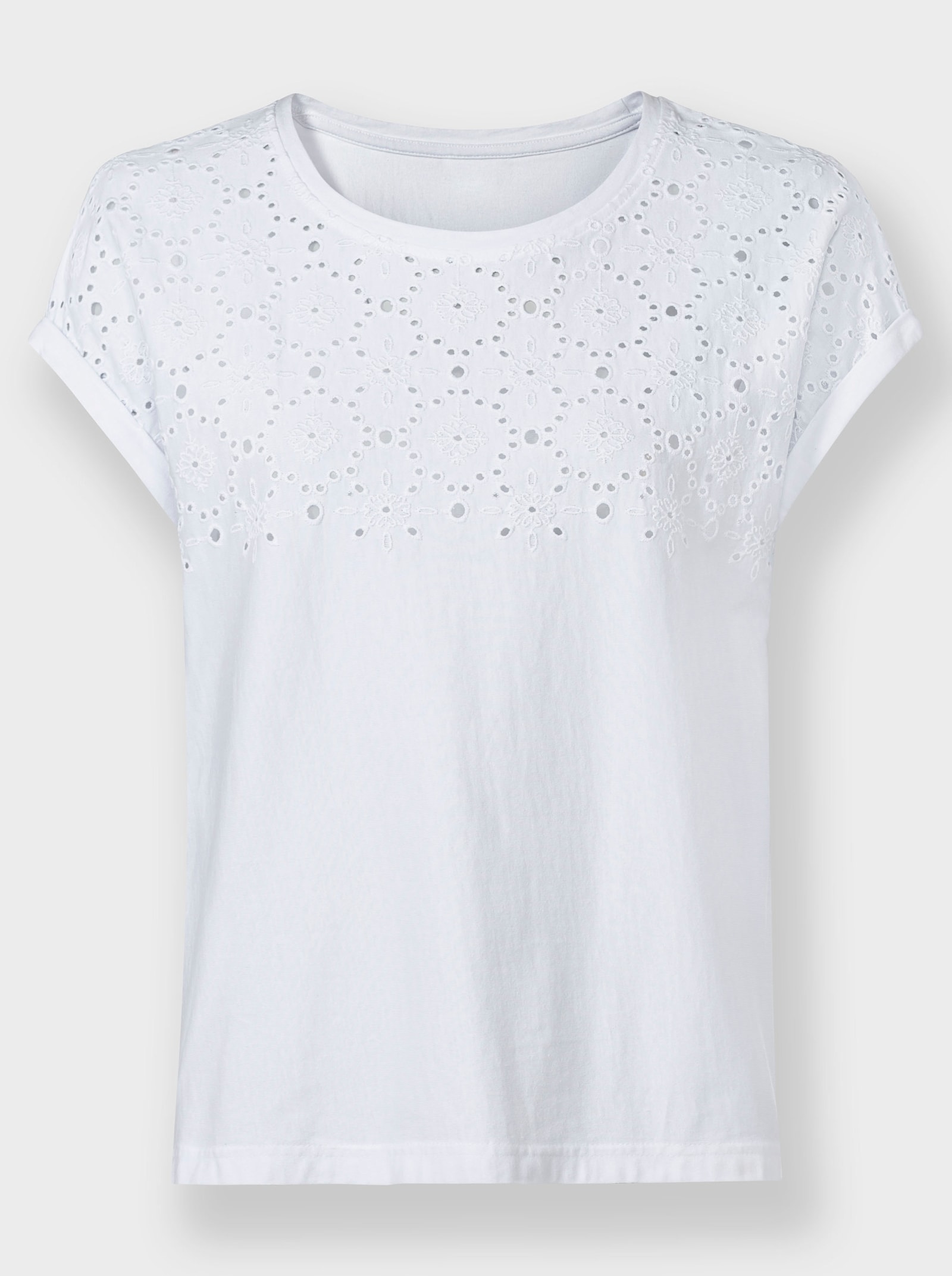Rundhalsshirt mit Lochstickerei - weiß