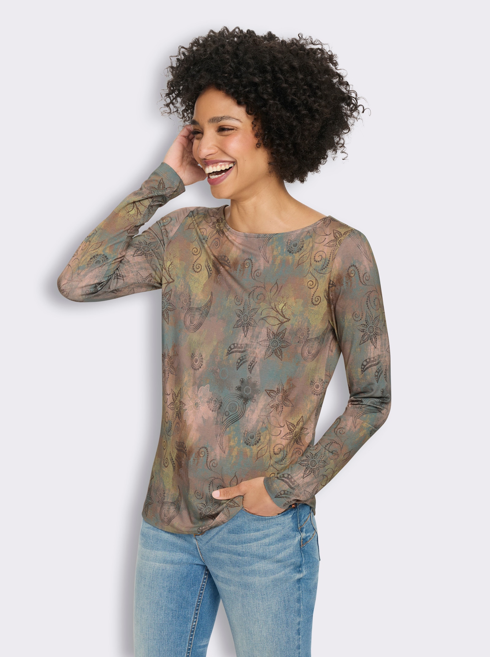 heine Langarmshirt mit U-Boot-Ausschnitt - jade-graphit-bedruckt