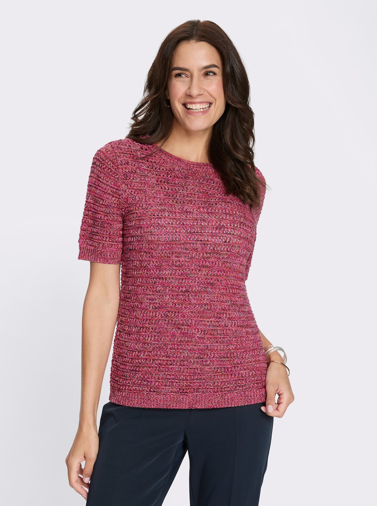 Baumwollpullover aus Melange-Garn - fuchsia-graphit-gemustert