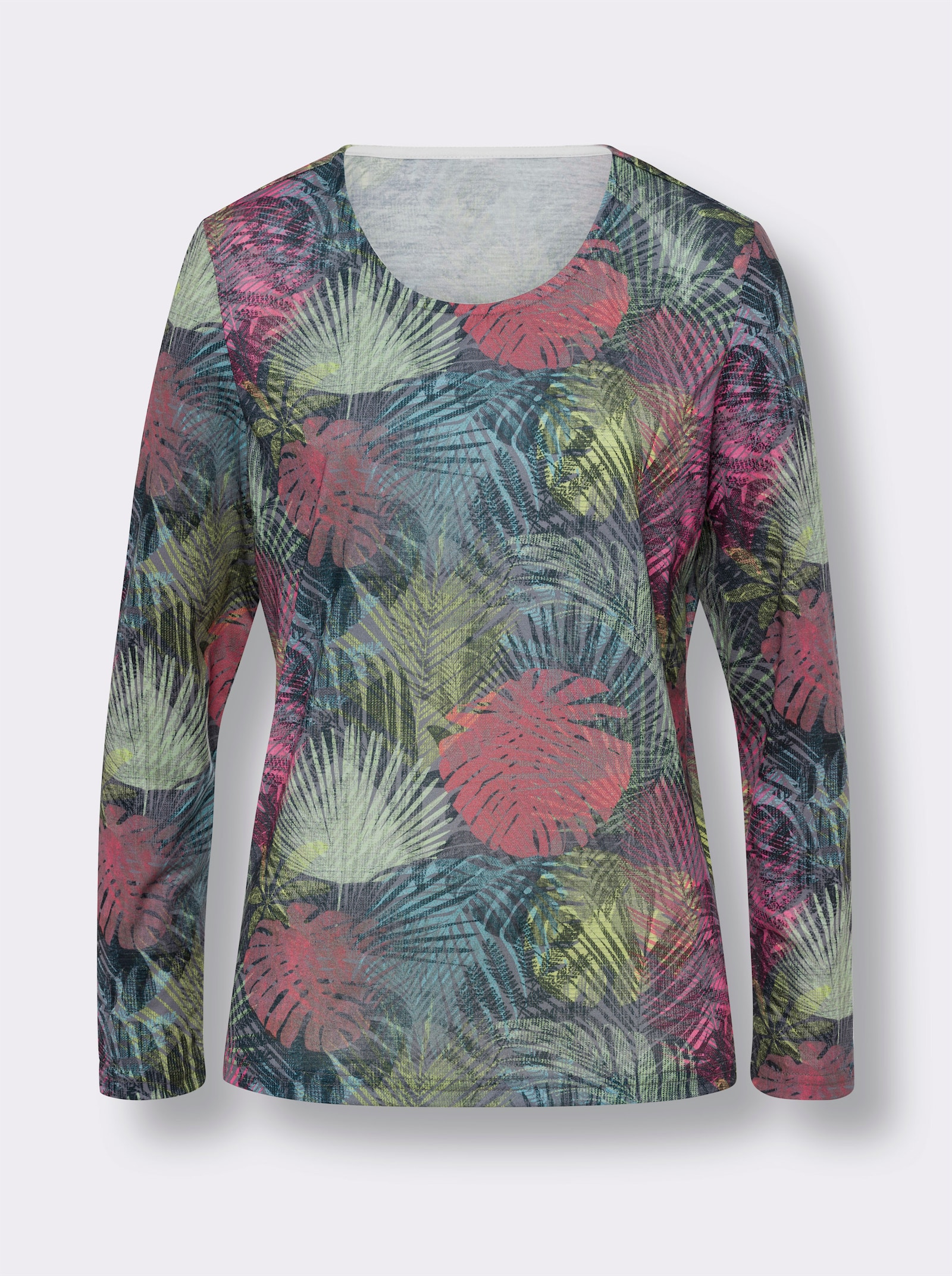 Langarmshirt mit Blätter-Dessin - grau-pink-bedruckt