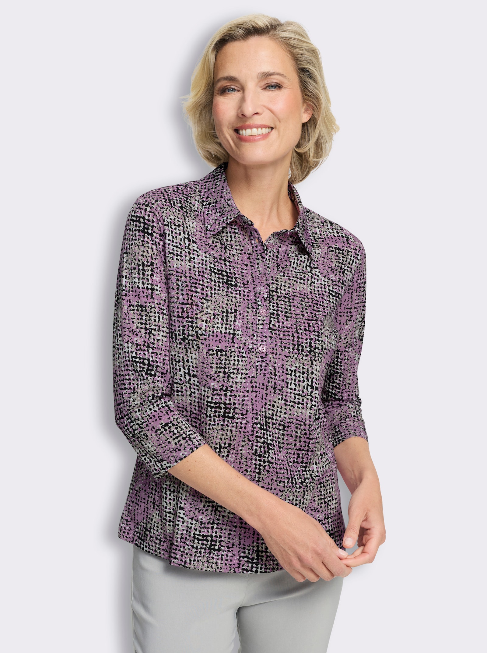 Poloshirt van katoen, bedrukt - orchidee/ecru bedrukt
