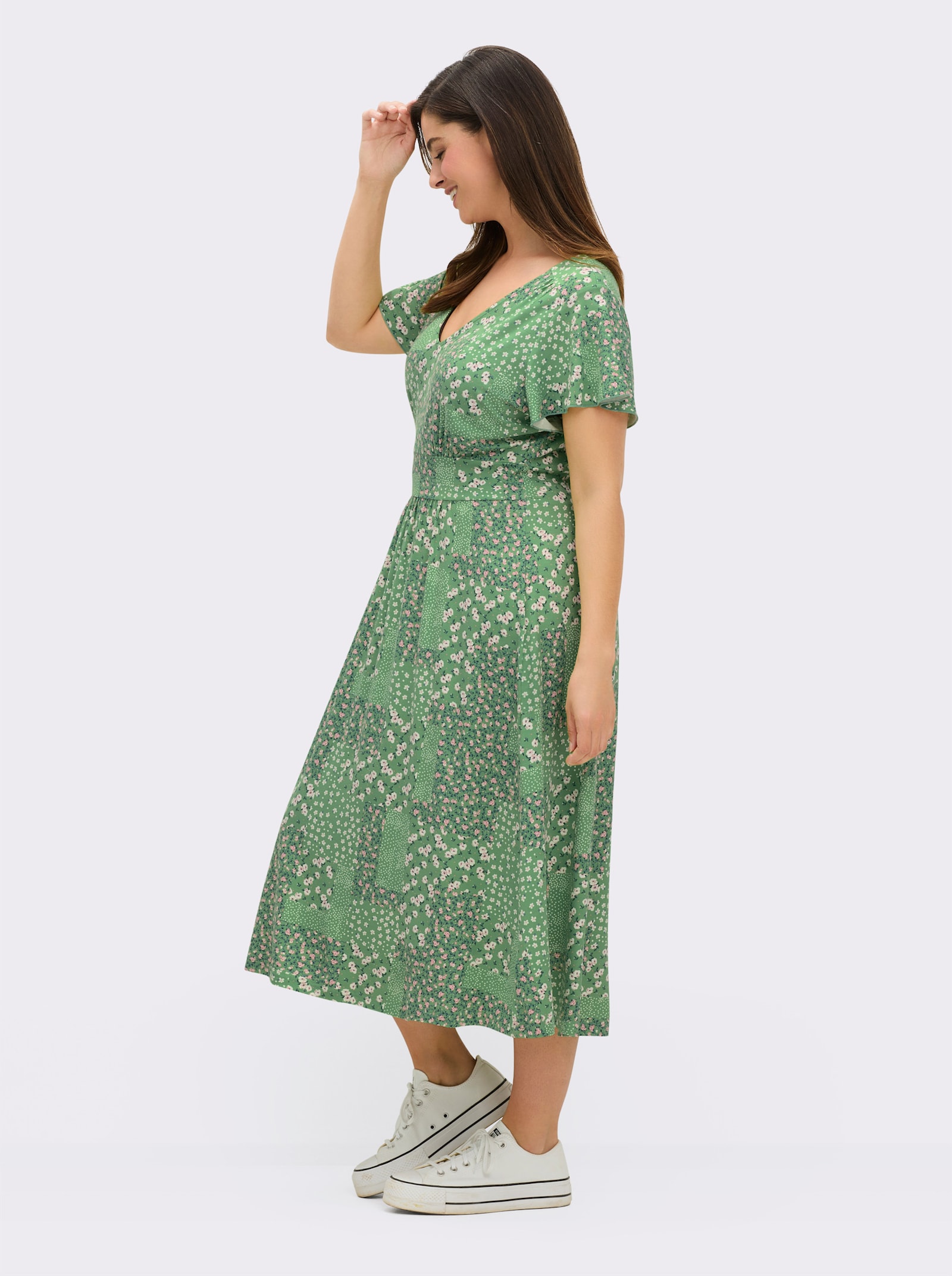 Jerseykleid mit Flügel-Ärmeln - apfel-champagner-bedruckt