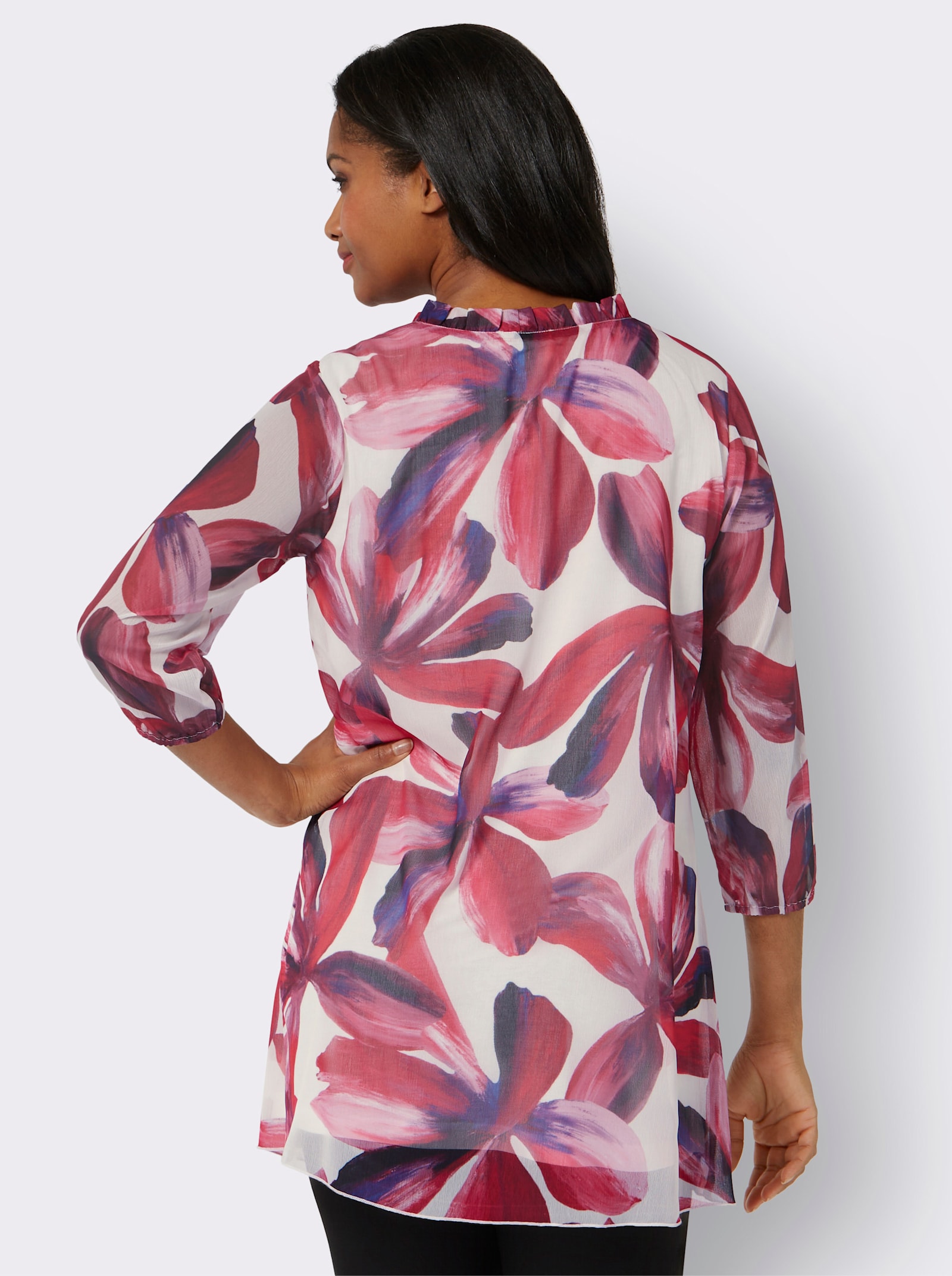 Druckbluse mit Volant-Verzierung - champagner-burgund-bedruckt