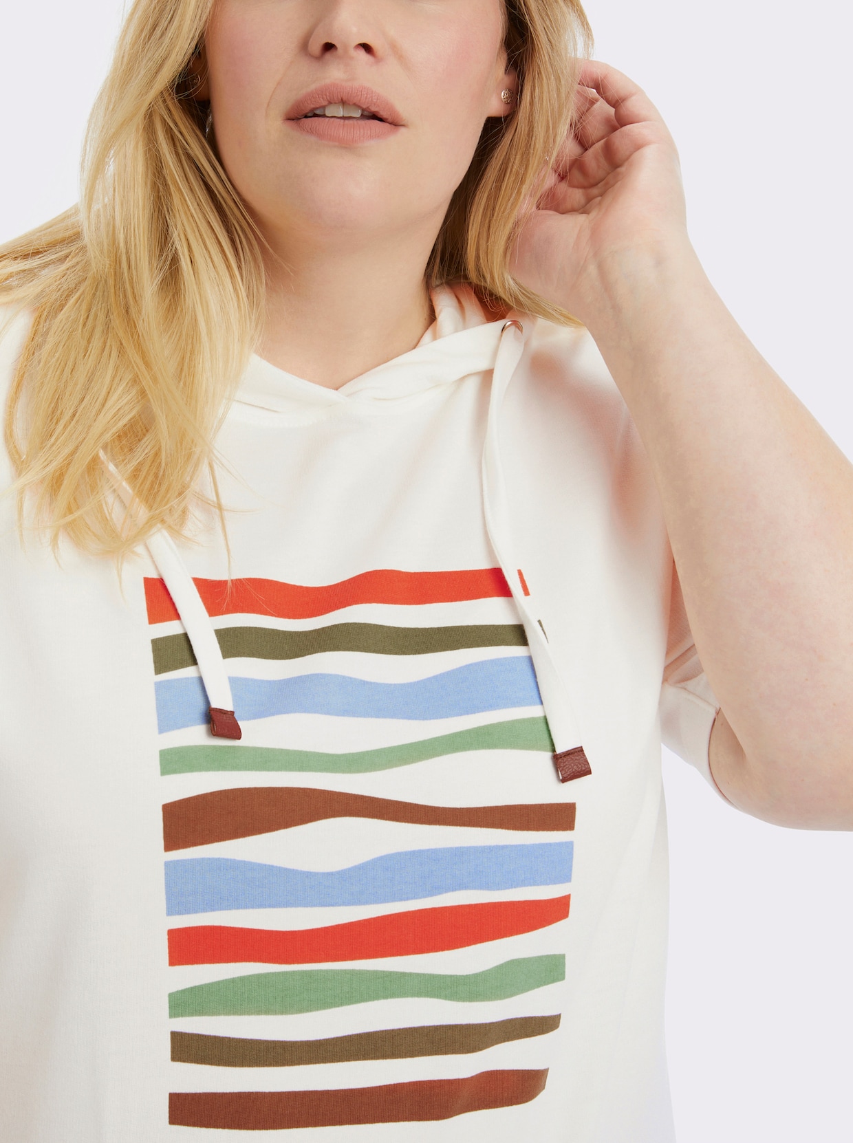 Kapuzensweatshirt mit elastischem Saum - ecru-eucalyptus-bedruckt