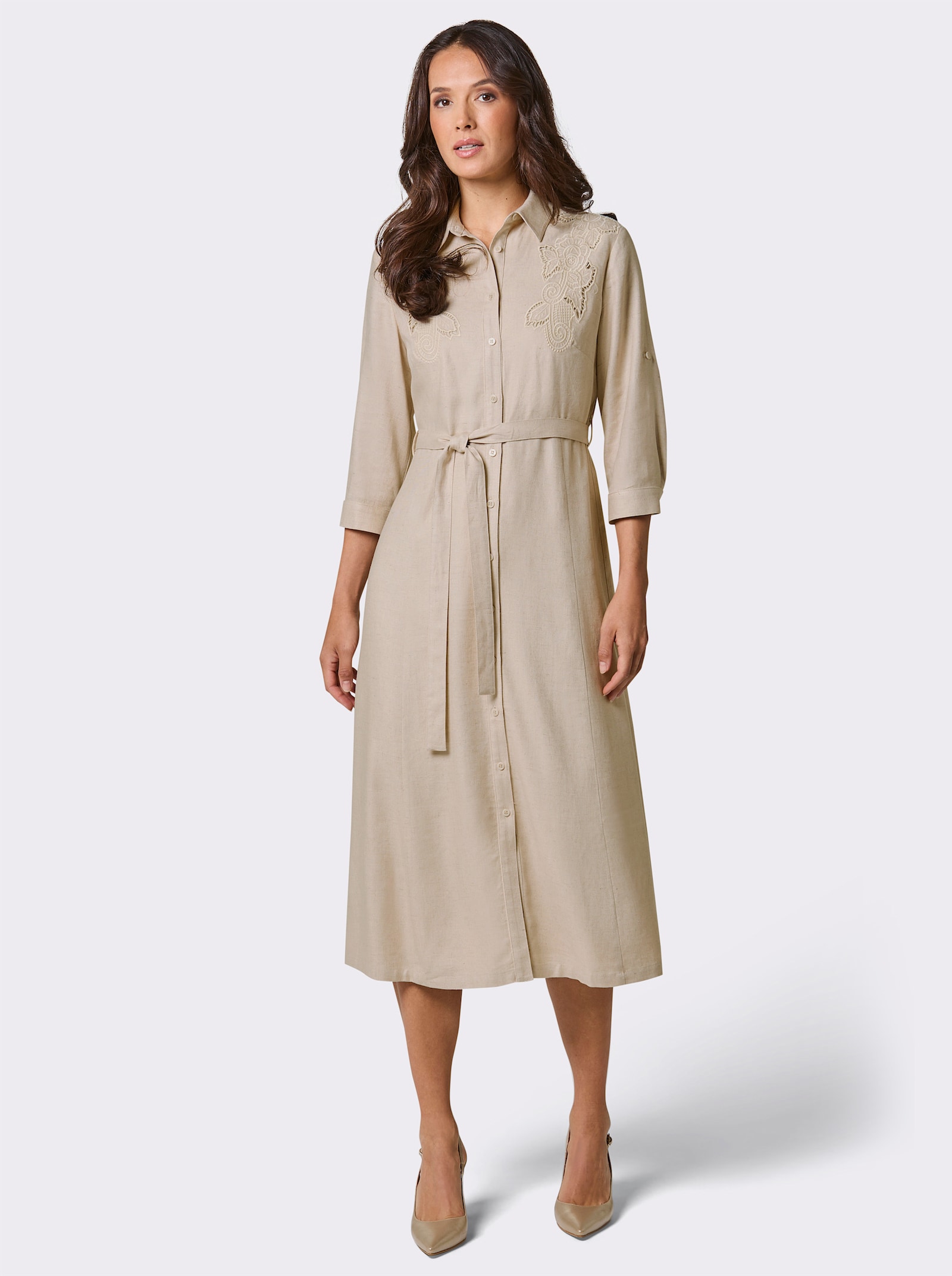 CREATION L PREMIUM Hemdblusenkleid mit Bindegürtel - sand-meliert