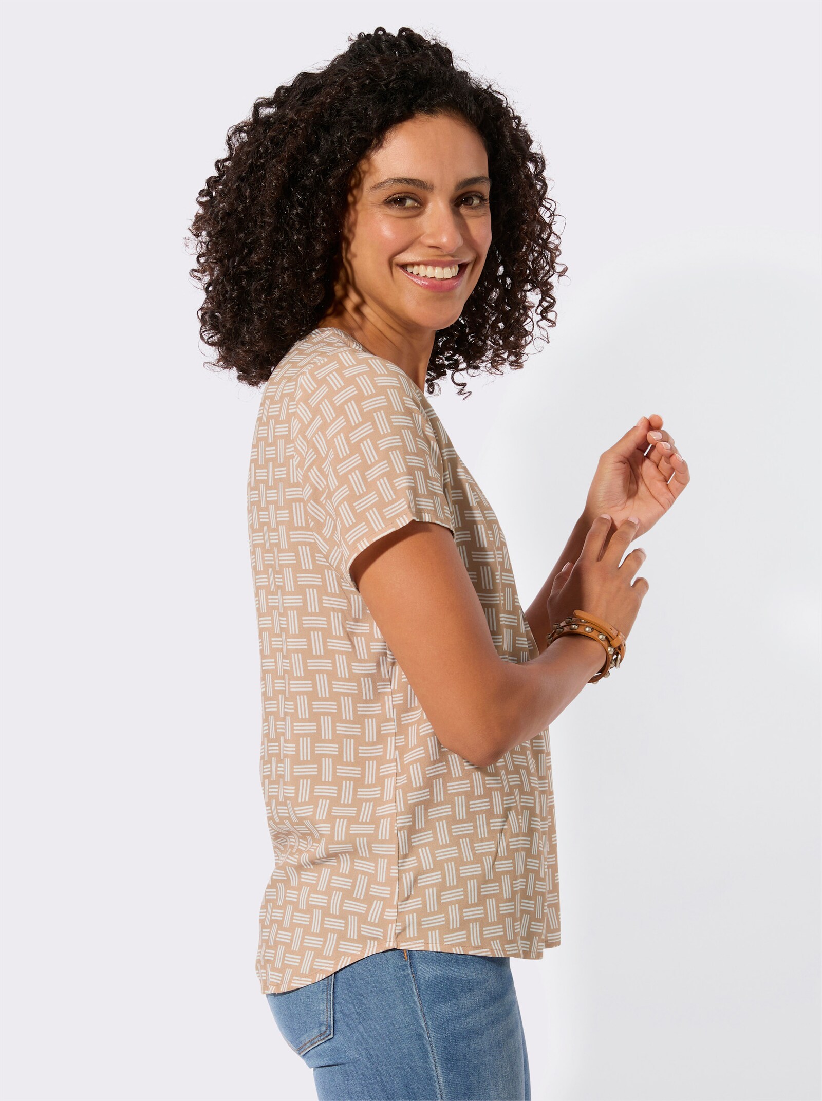 Druckbluse mit abgerundetem Saum - camel-ecru-bedruckt
