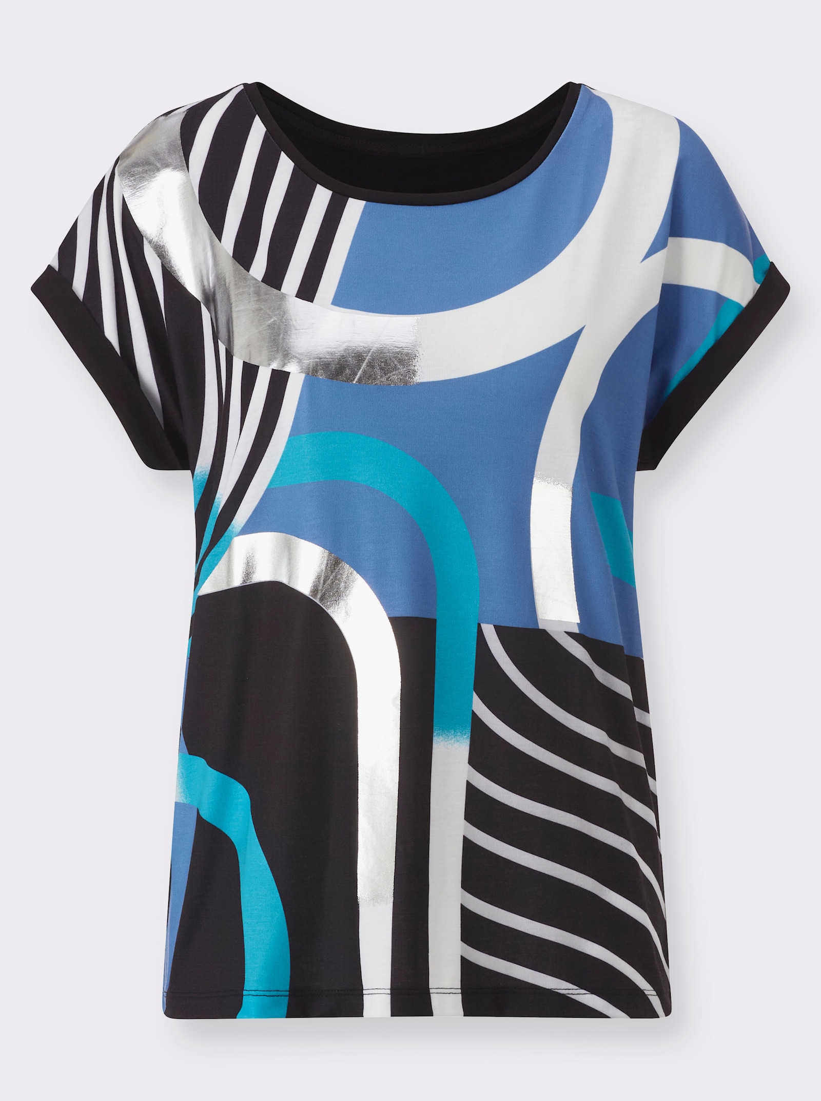 Rundhalsshirt mit Glanzdruck - türkis-schwarz-bedruckt