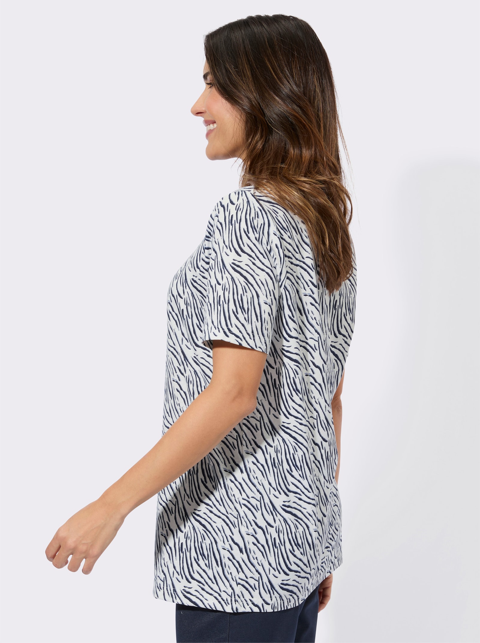 Kurzarmshirt im grafischen Druck-Muster - ecru-marine-bedruckt