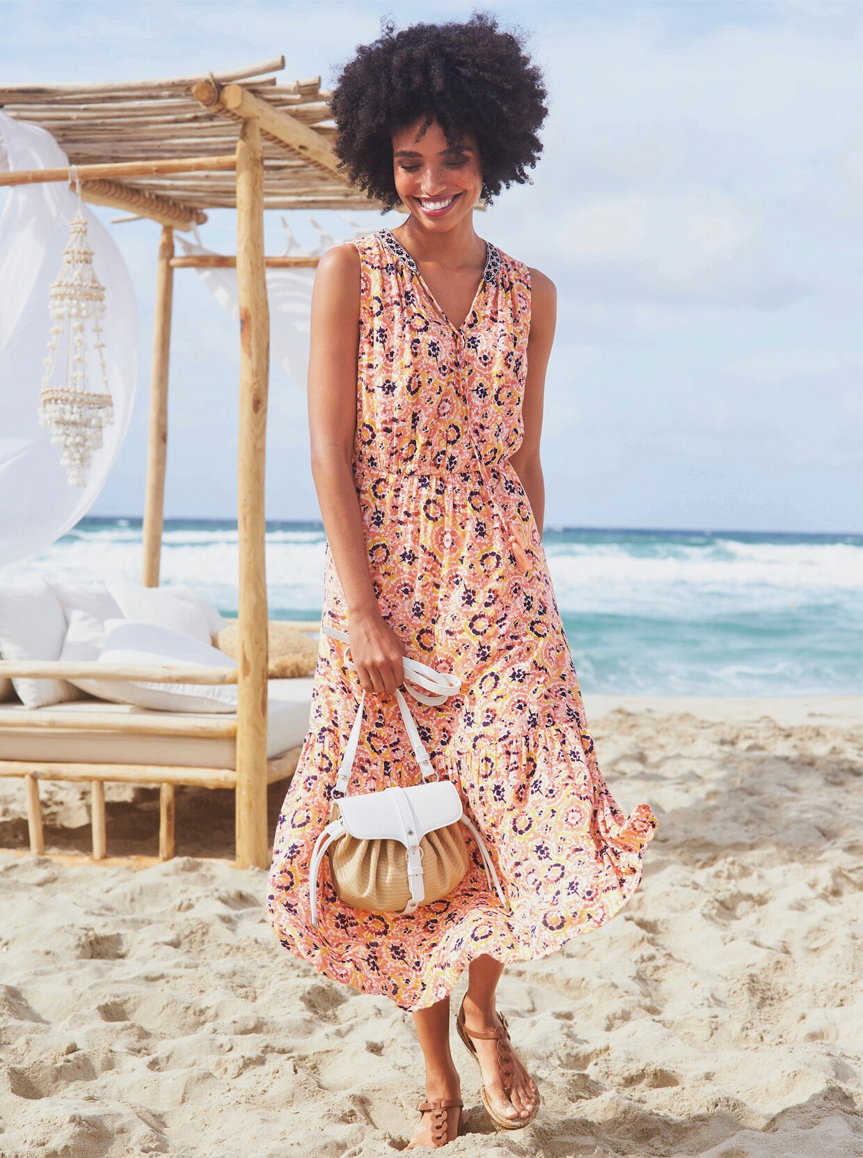 heine Druck-Kleid - papaya-marine-bedruckt