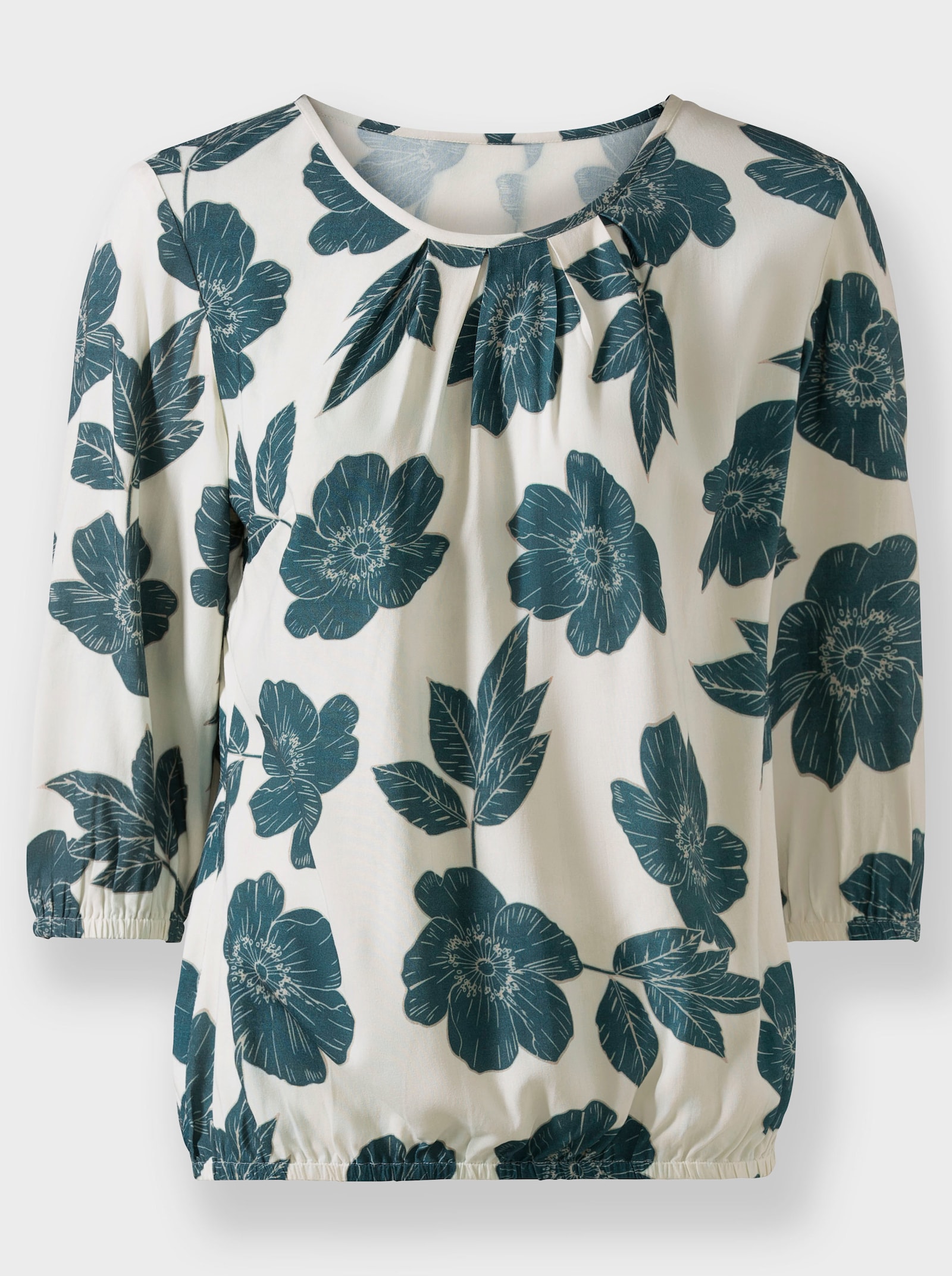 Druckbluse mit elastischen Bündchen - champagner-petrol-bedruckt