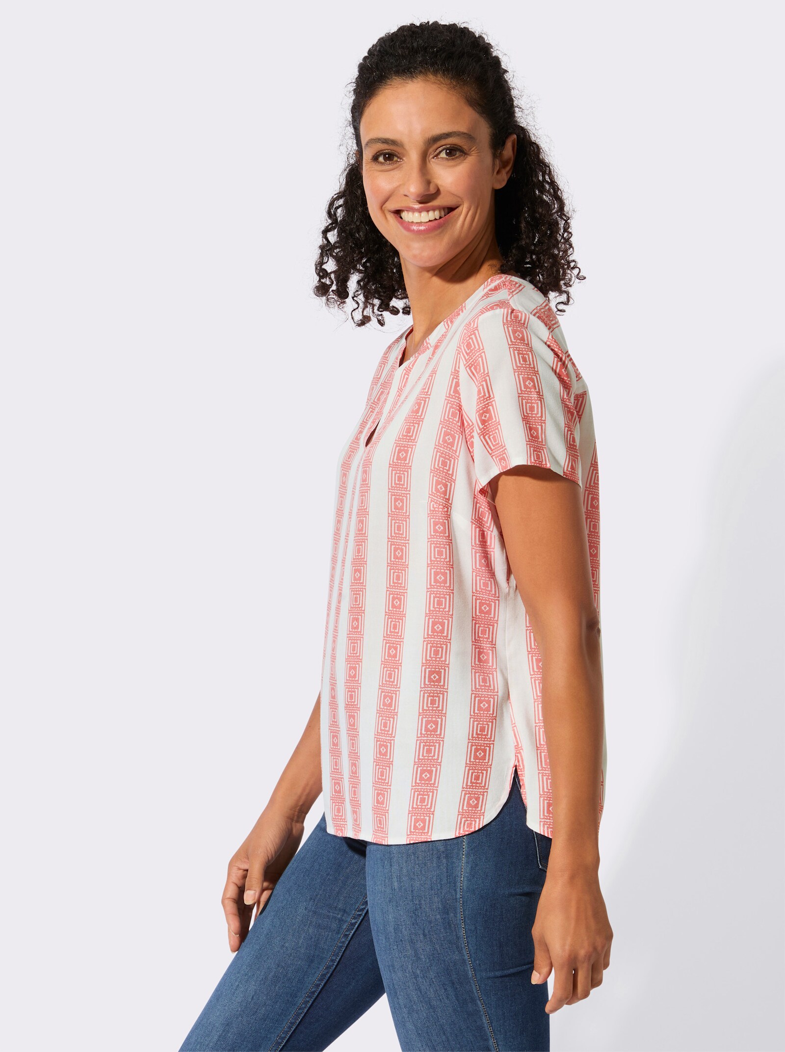 Kurzarmbluse mit Längsstreifen - flamingo-weiß