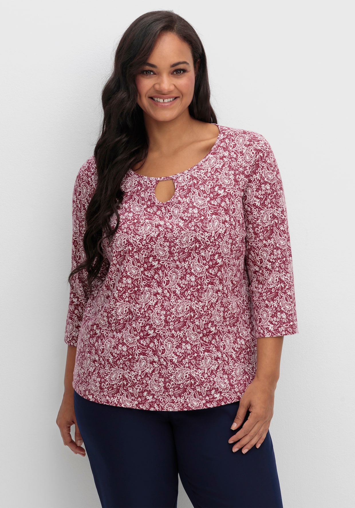 Print-Shirt mit Ausschnitt mit Schlitz - bordeaux-bedruckt