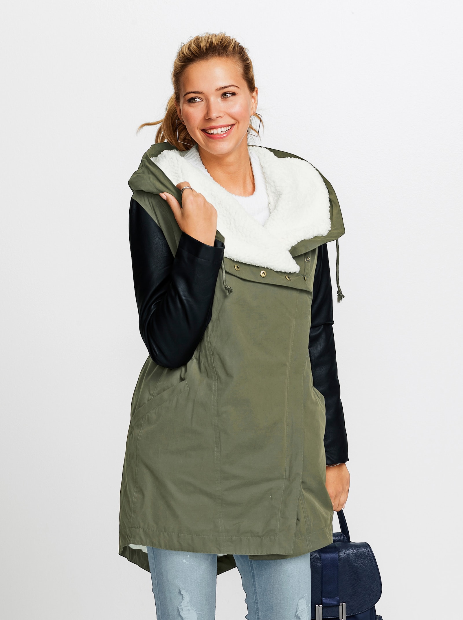 Parka mit Ärmeln in Leder-Optik - khaki-schwarz
