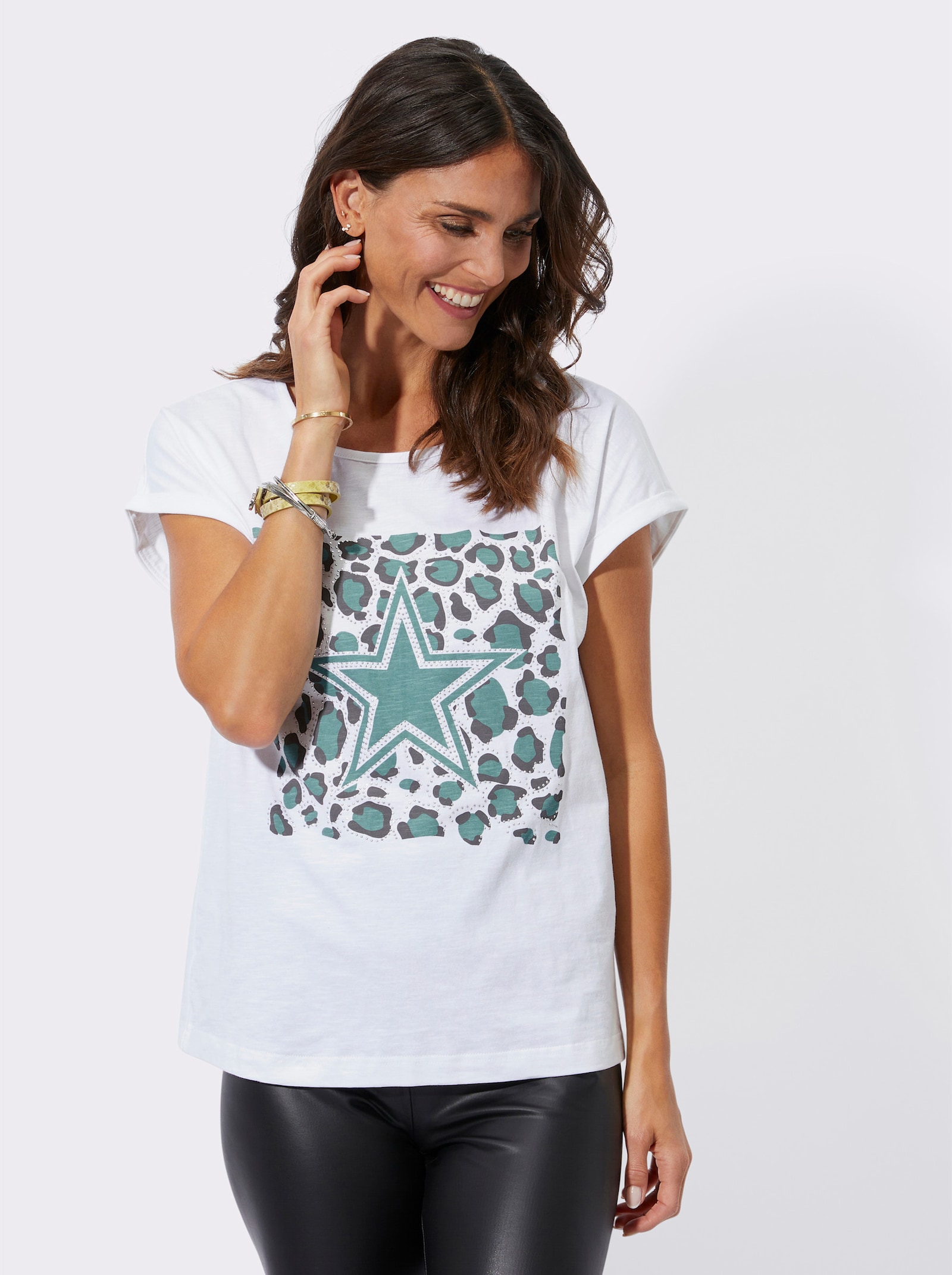 Shirt mit Animal- und Stern-Motiv - jade-weiß