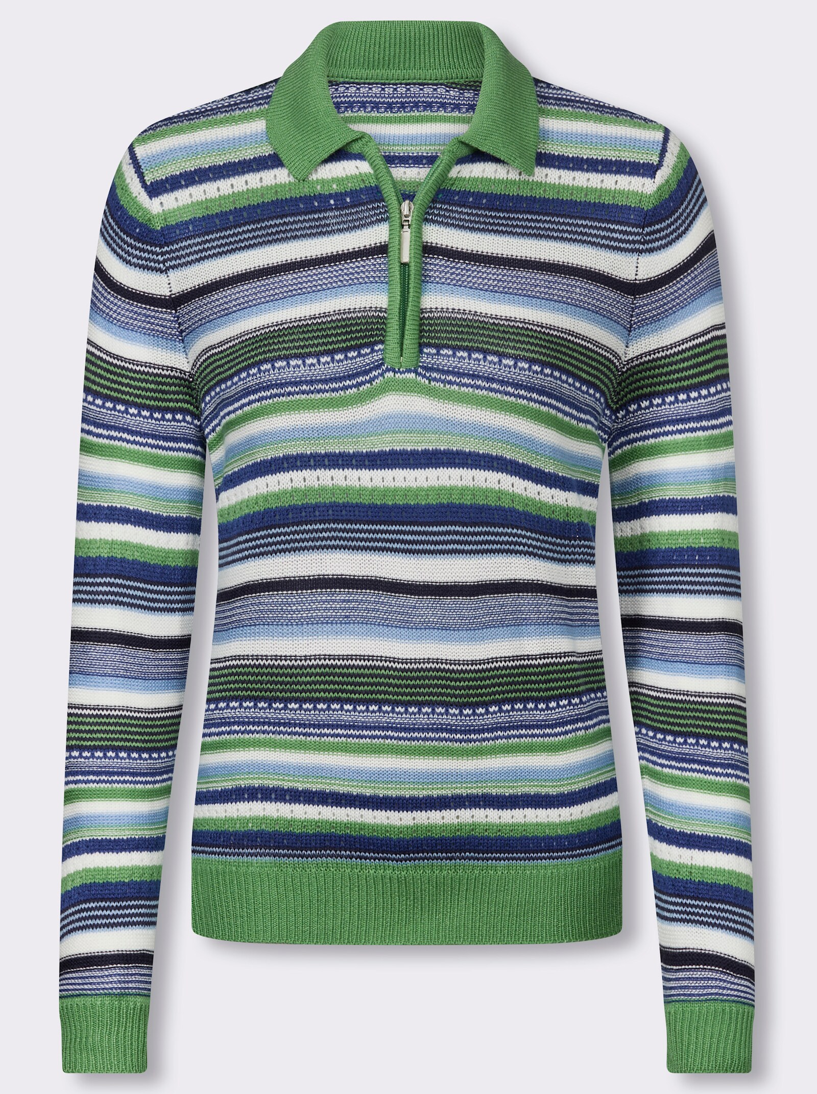 Polopullover mit Ringel-Strickmuster - grün-royalblau-geringelt