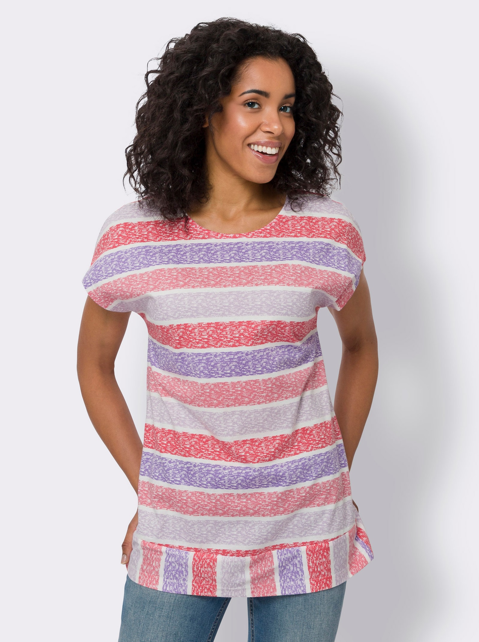 Longshirt aus Baumwolle, gestreift - koralle-lavendel-bedruckt