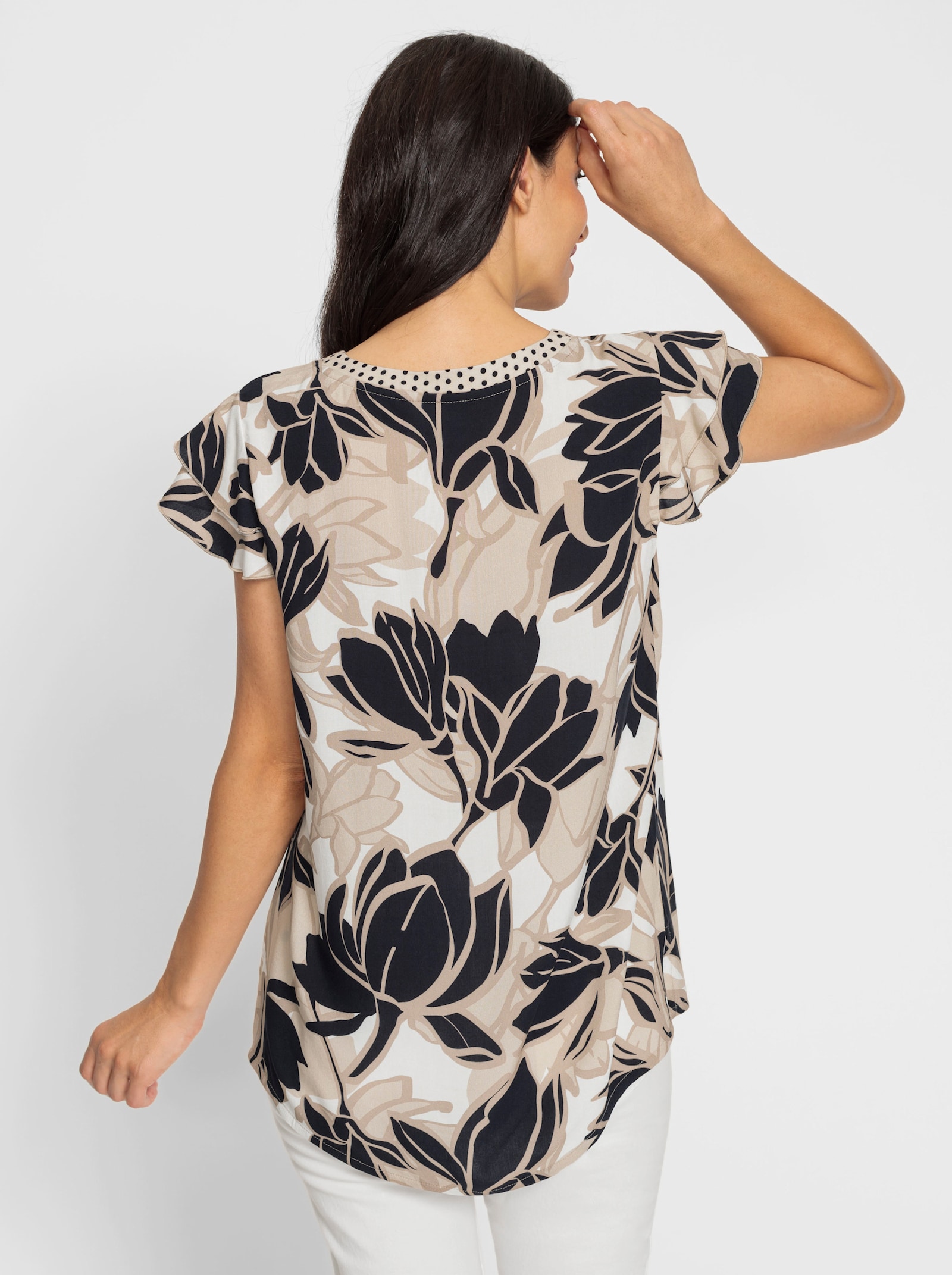 heine Kurzarmbluse mit Floral-Dessin - beige-schwarz-bedruckt