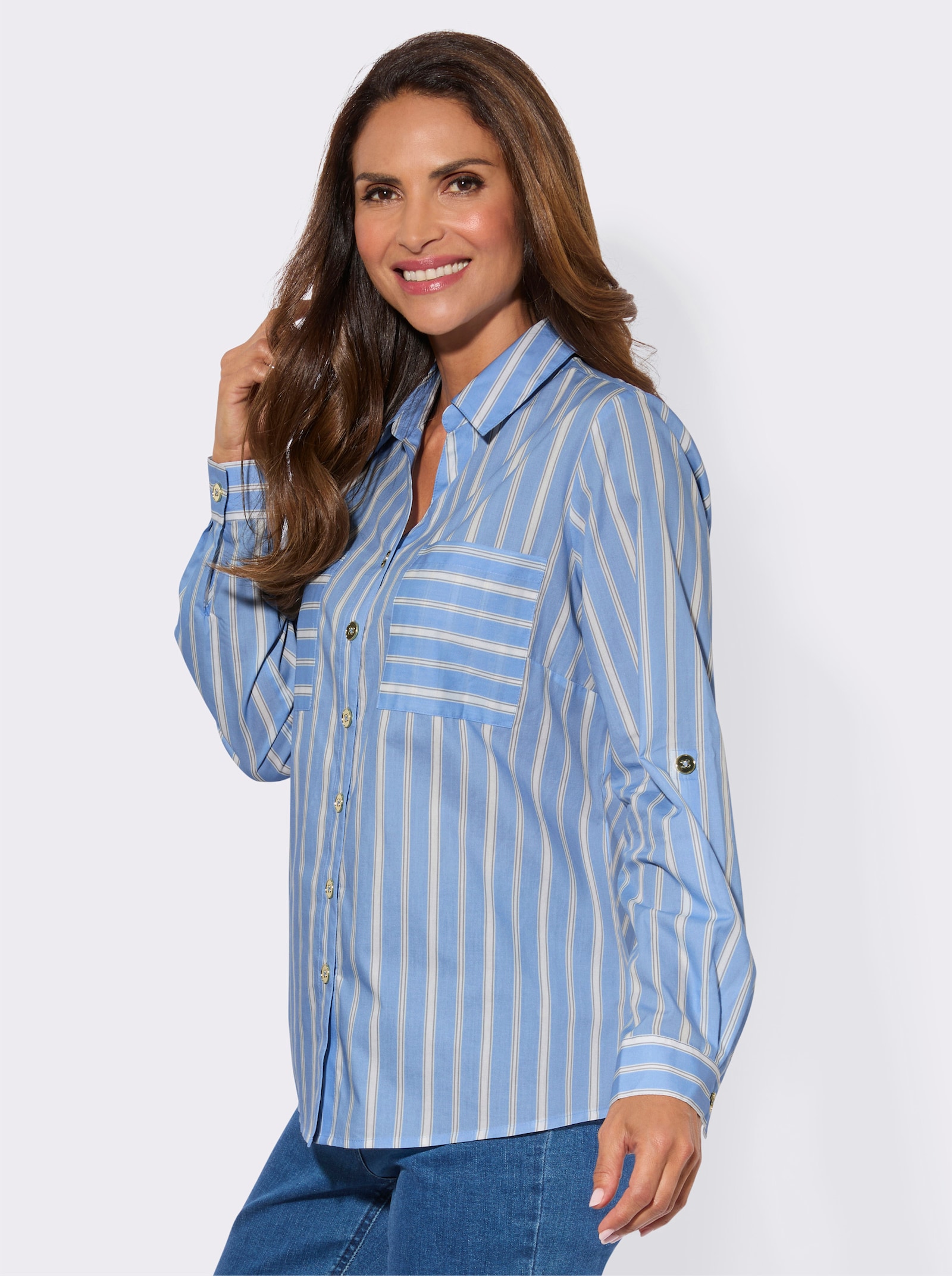 Hemdbluse mit Krempelärmeln - himmelblau-ecru-gestreift