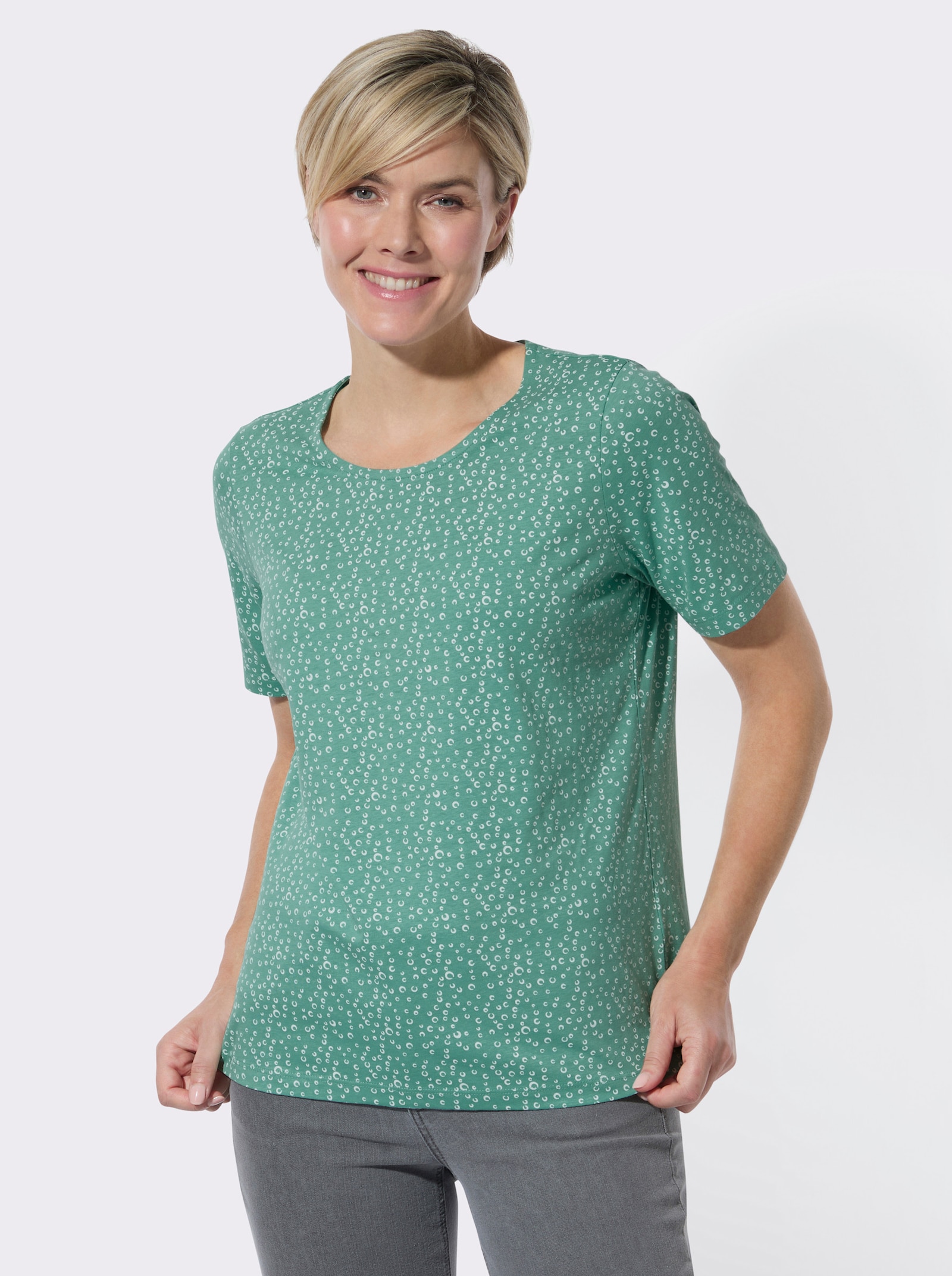 Rundhalsshirt im 2er-Pack - salbei-weiß-getupft + salbei