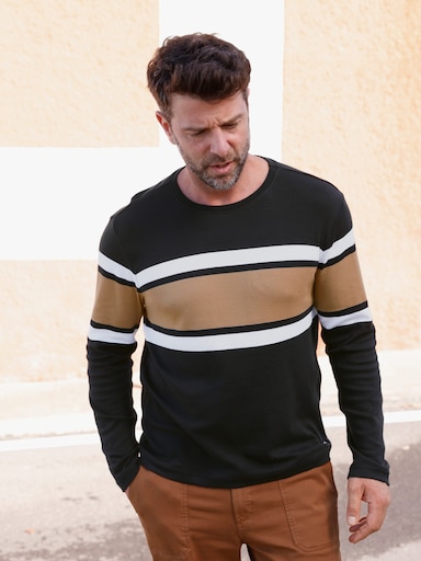 Marco Donati Langarmshirt in Ripp-Optik, garngefärbt - schwarz-camel