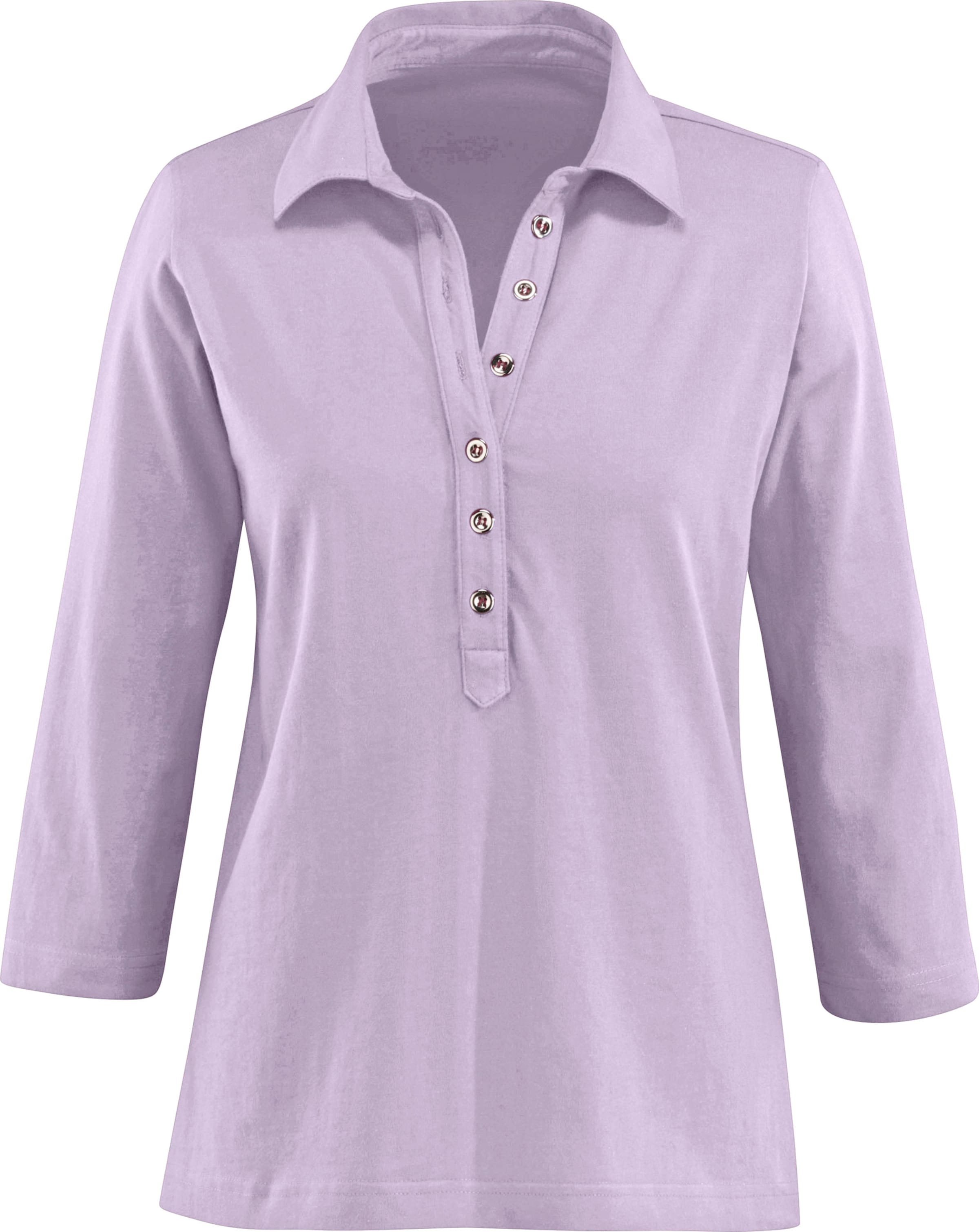Lang Shirt  günstig Kaufen-Poloshirt in flieder von heine. Poloshirt in flieder von heine <![CDATA[Poloshirt in weicher Qualität. Modisch lange Knopfleiste mit silberfarbenen Knöpfen. 3/4-­Ärmel. OCS-zertifiziertes Produkt.]]>. 