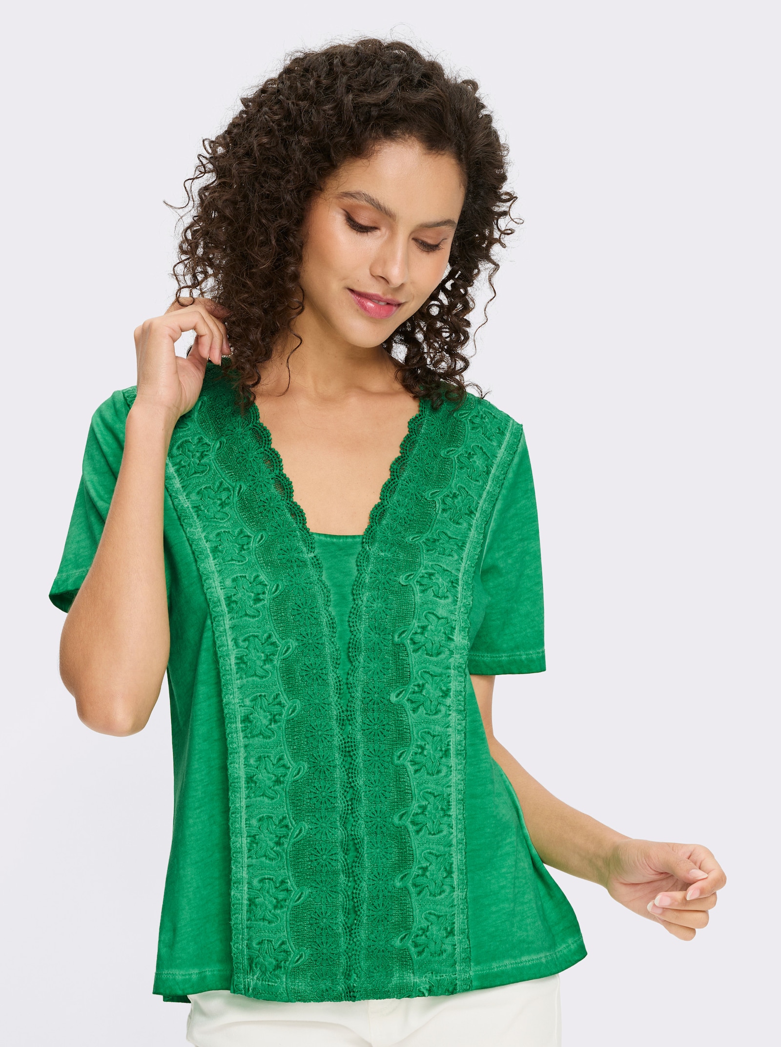 heine Kurzarmshirt mit Spitzenbesatz - grasgrün