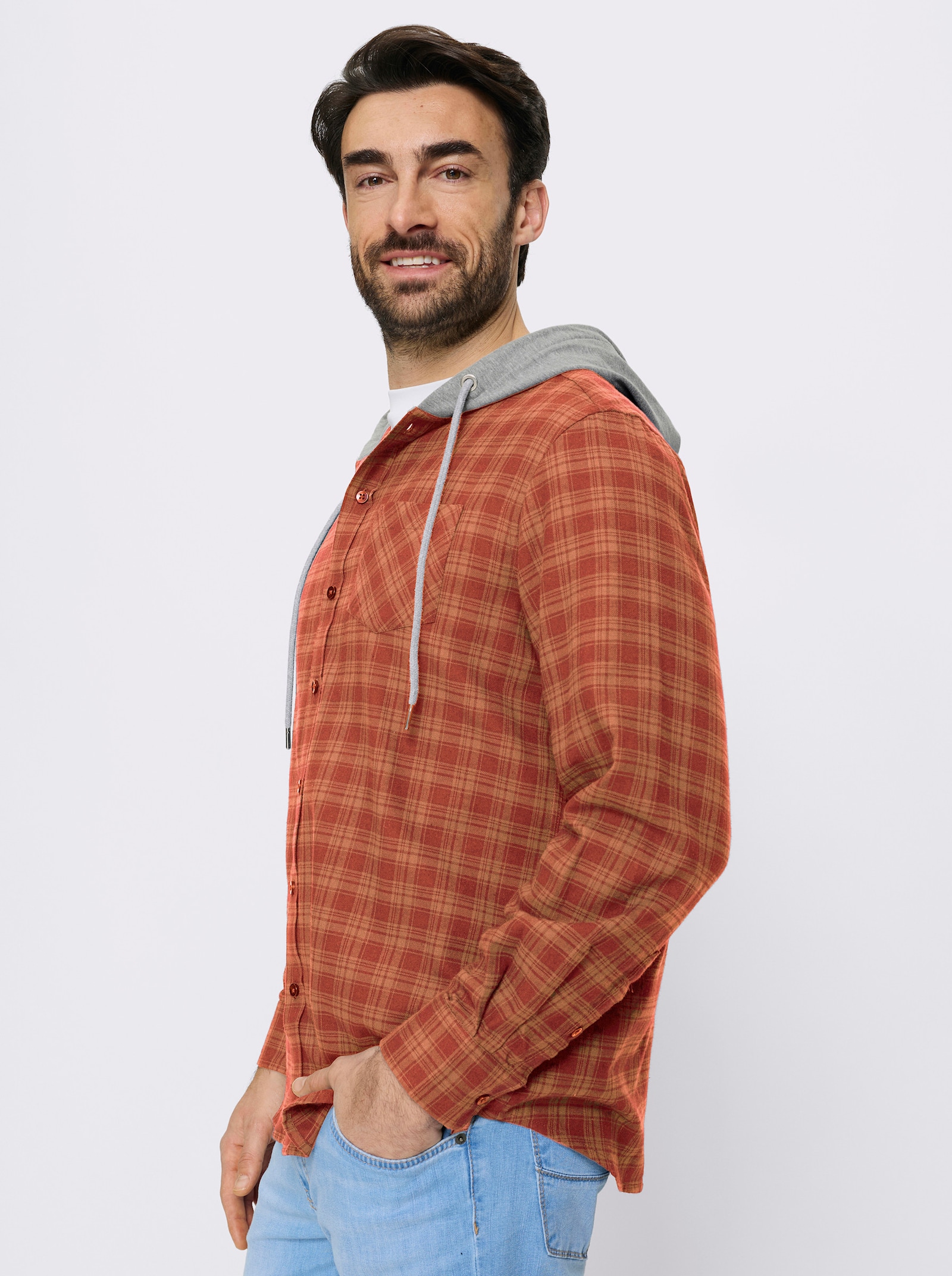 Catamaran Kapuzenhemd mit garngefärbtem Karo-Dessin - terra-camel-kariert