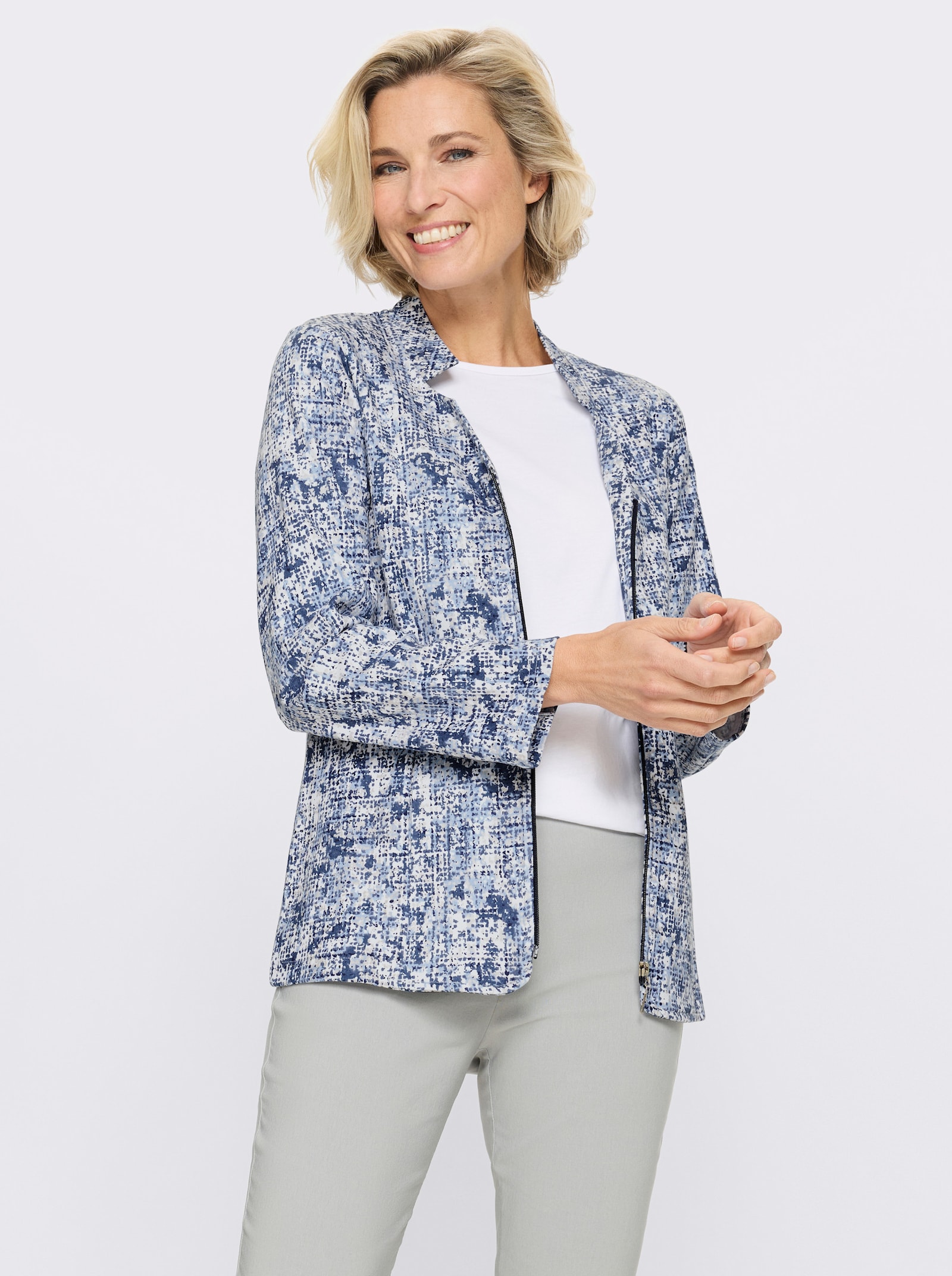 Sweatblazer in Bouclé-Optik - eisblau-marine-gemustert