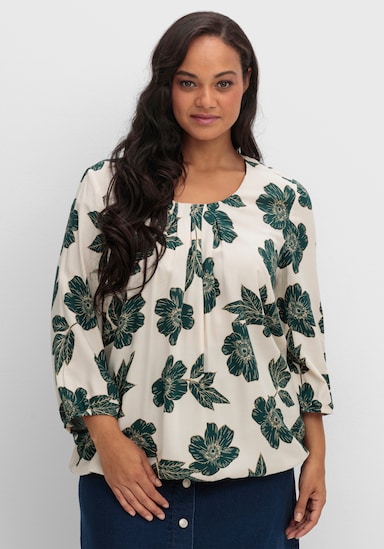 Schlupfbluse mit großen Blüten - champagner-petrol-bedruckt