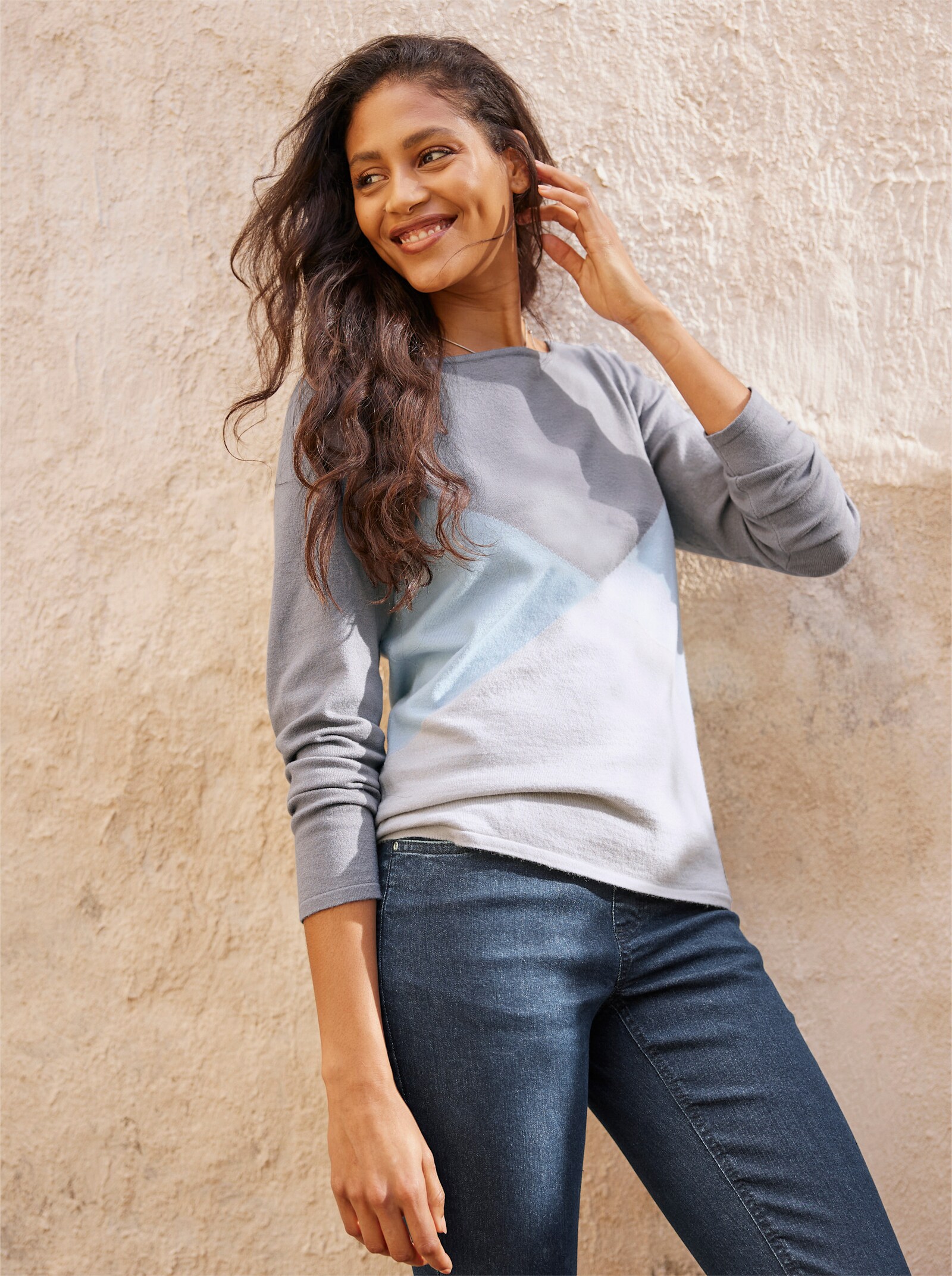 heine Feinstrickpullover mit grafischem Muster rundum - grau-hellblau-gemustert
