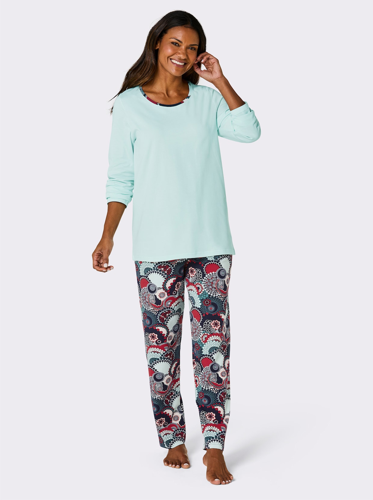 Comtessa Pyjama - zacht mint/marine bedrukt