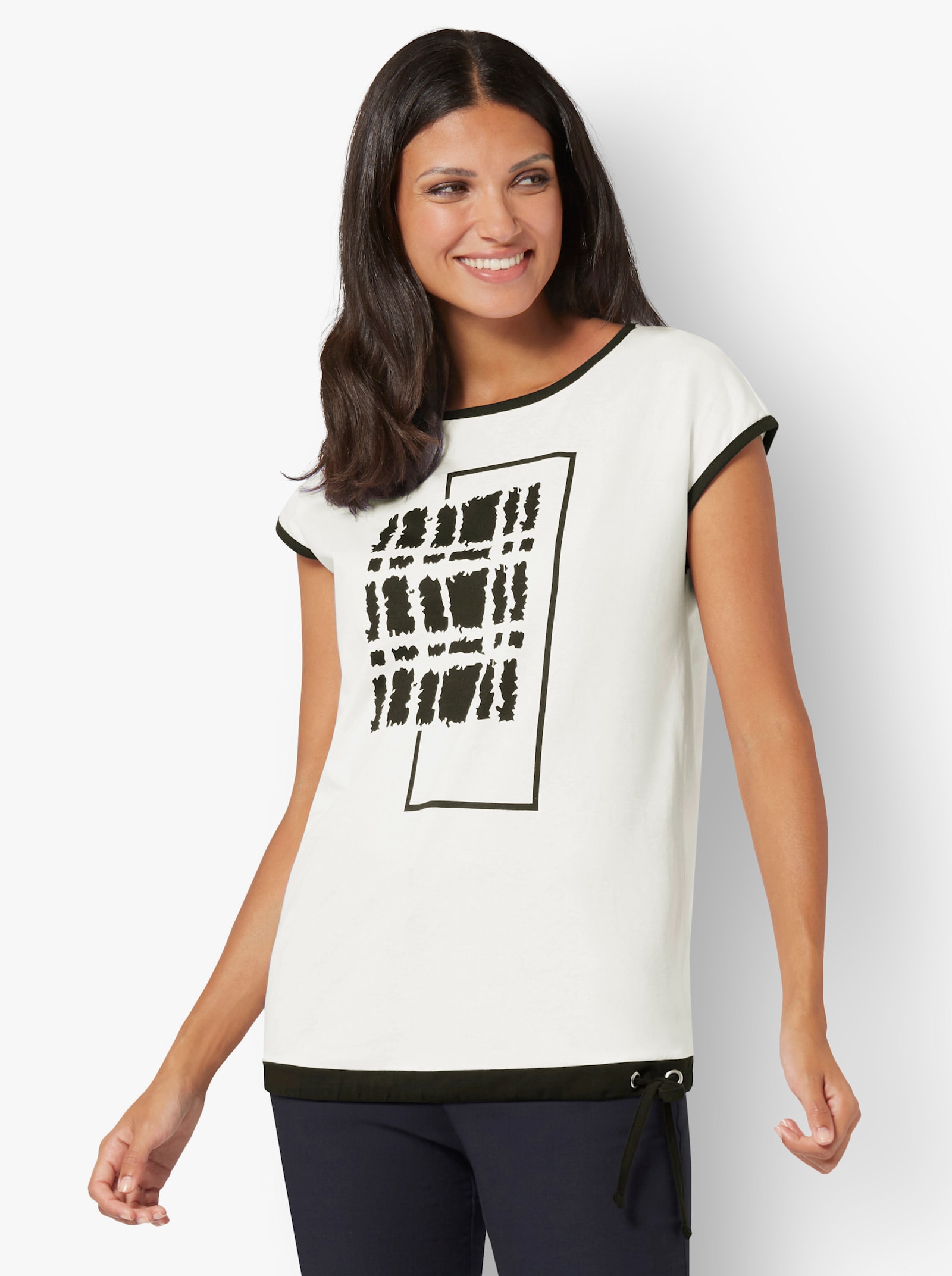 Kurzarmshirt mit platziertem Druck - ecru-schwarz