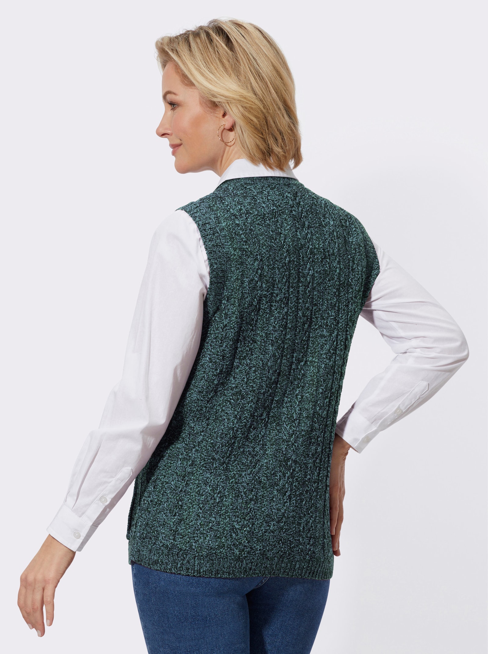 Strickweste mit Zopfmuster - ozean-meliert