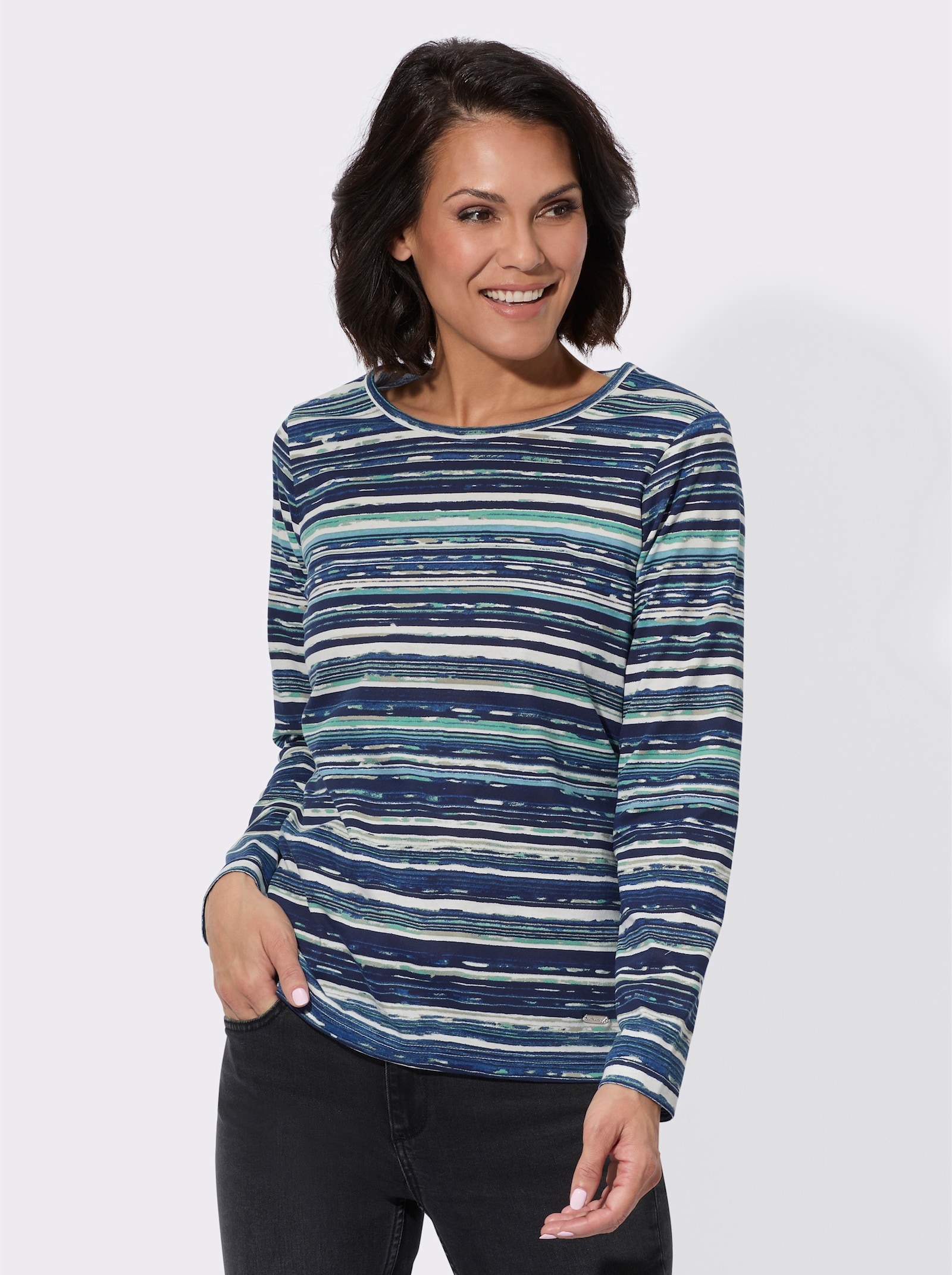 Langarmshirt aus reiner Baumwolle - marine-ozean-bedruckt