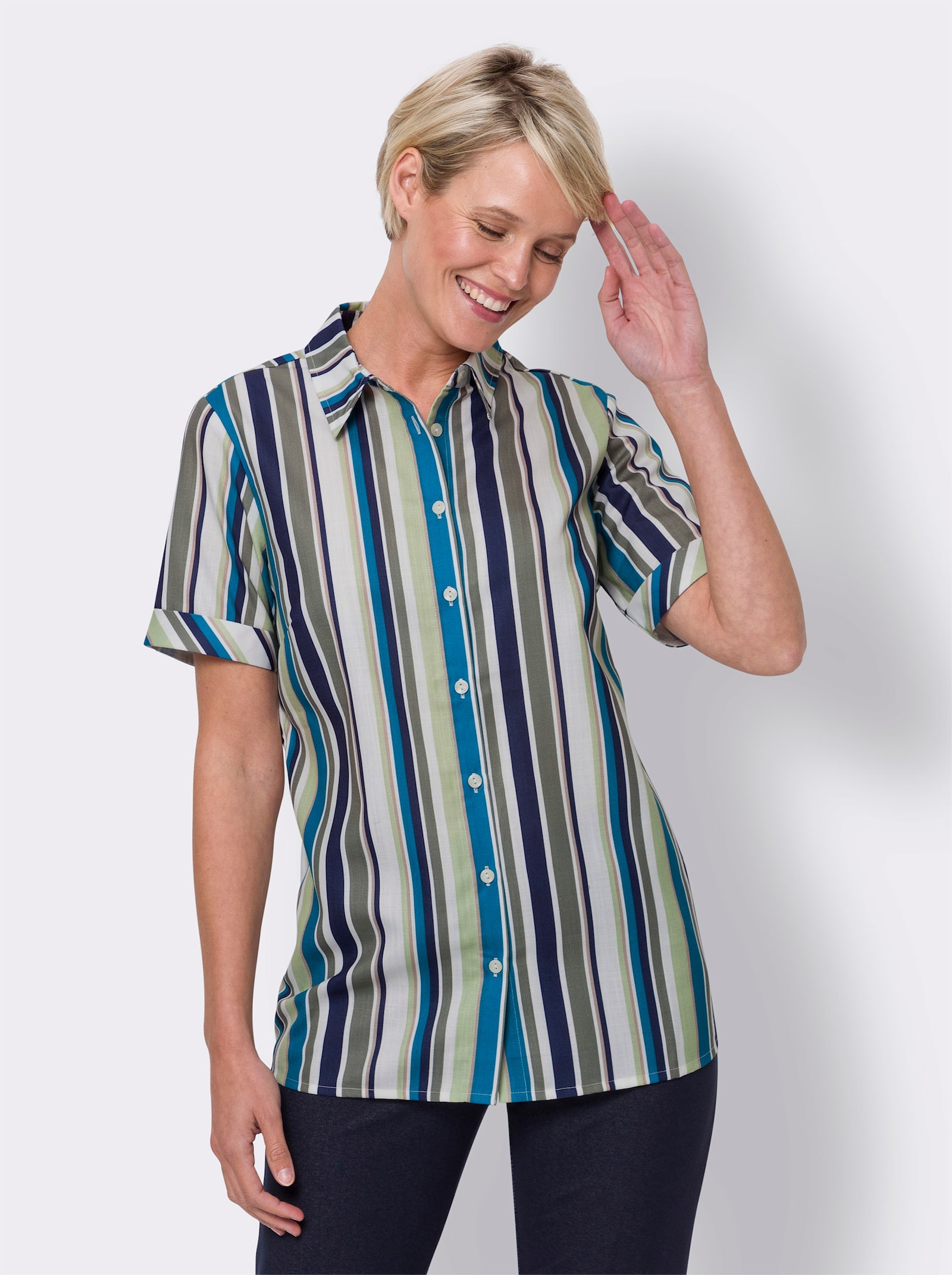 Košeľa vo vzhľade ľanu - Nám.modrá-pistác. pruh.