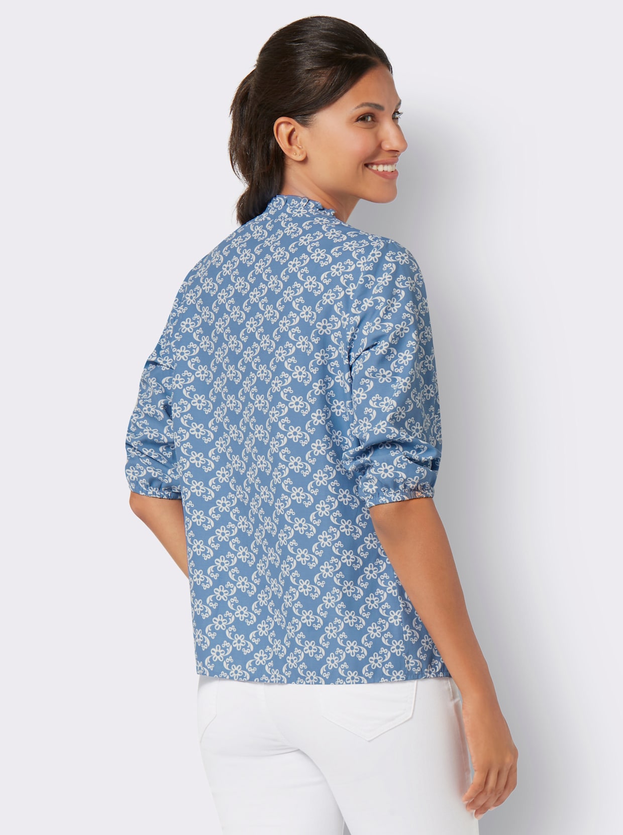 Blouse met ruches - middenblauw/wit gedessineerd