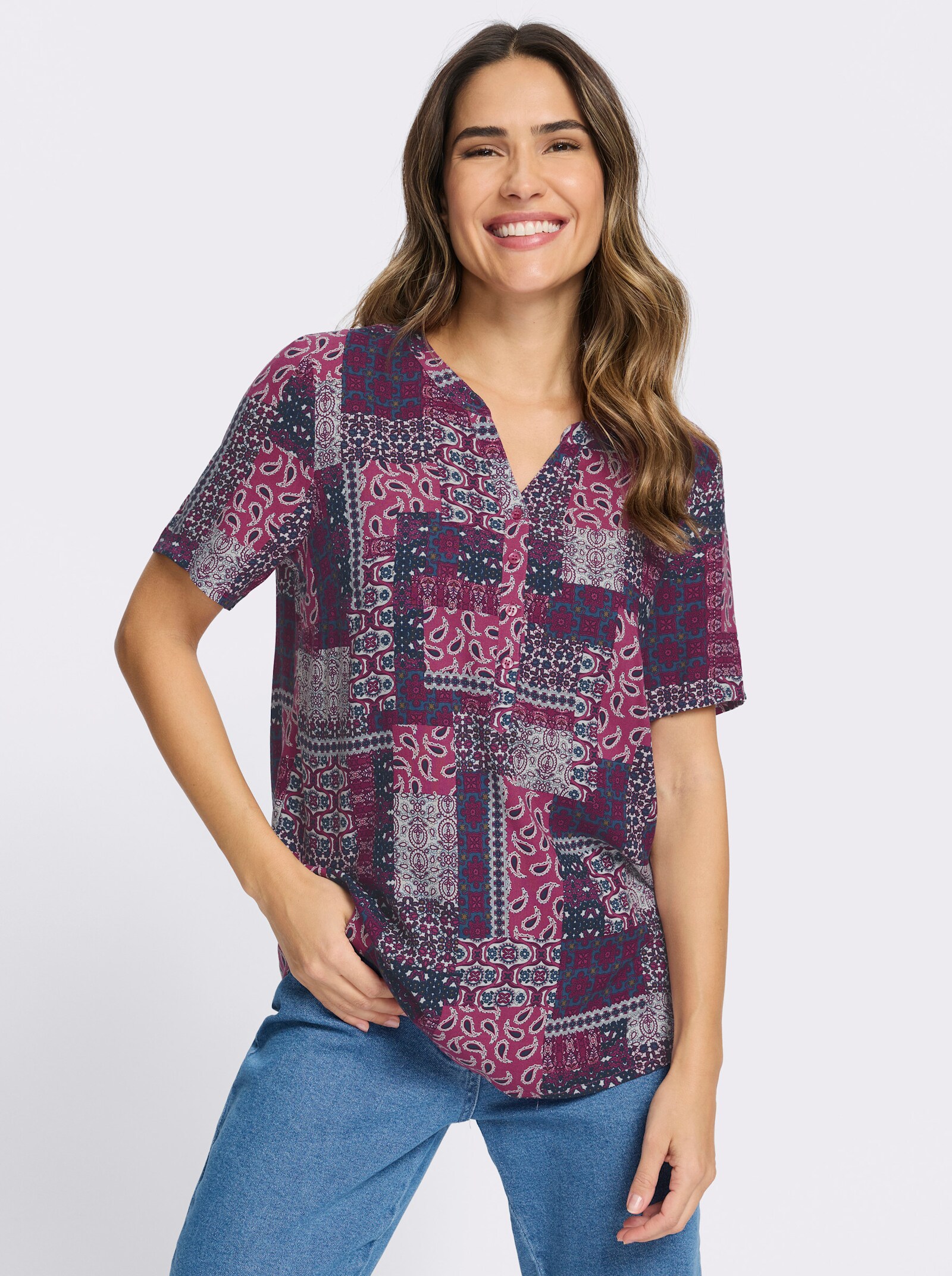 Druckbluse im Patchwork-Dessin - malve-marine-bedruckt