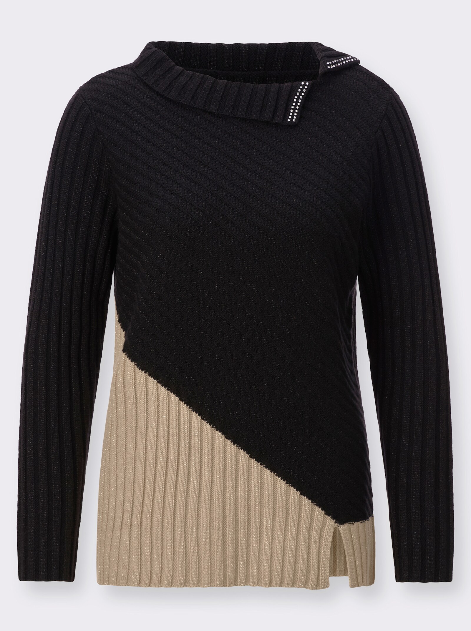 Jacquard-Pullover mit Schurwoll-Anteil - schwarz-beige-gemustert