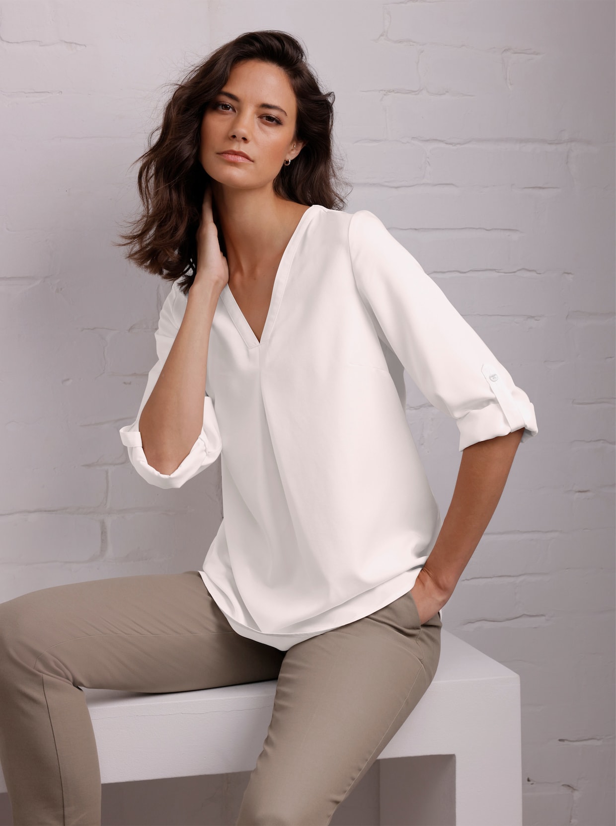 CREATION L PREMIUM Longbluse mit seidig-mattem Glanz - weiss