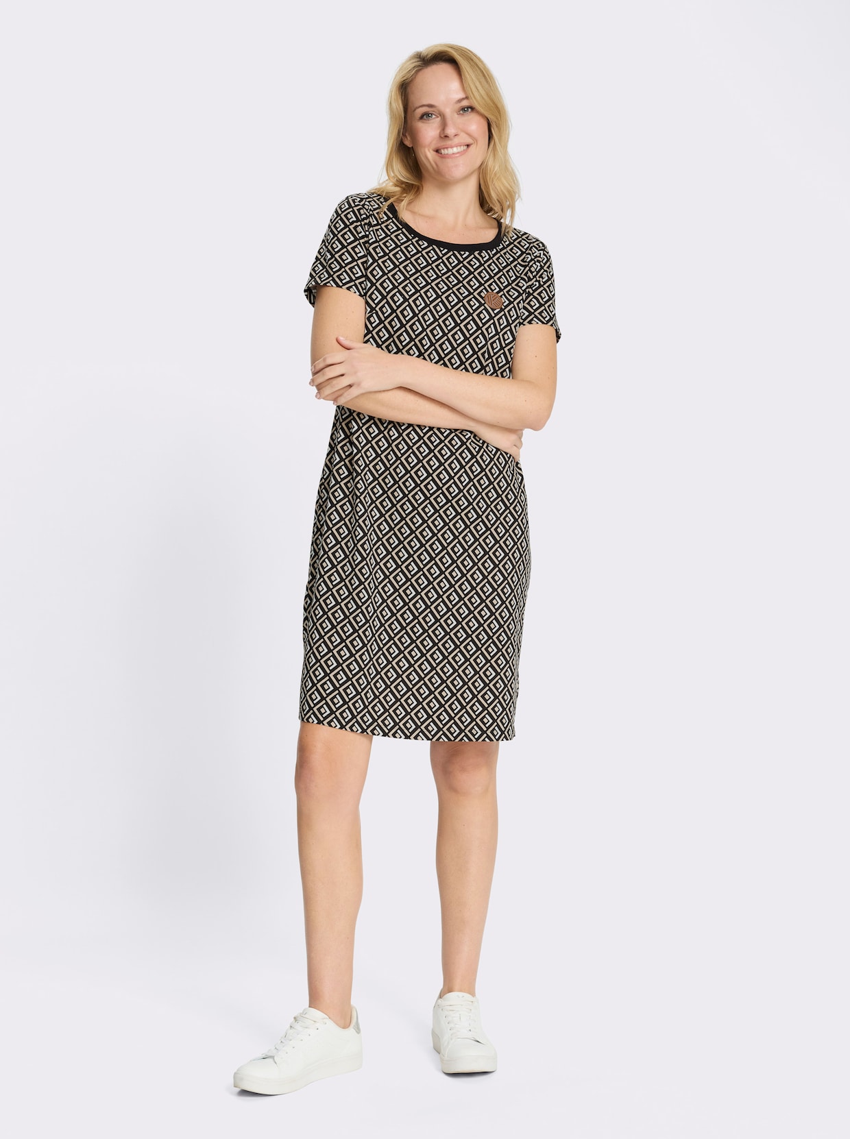 Jerseykleid mit Grafik-Dessin - beige-schwarz-bedruckt