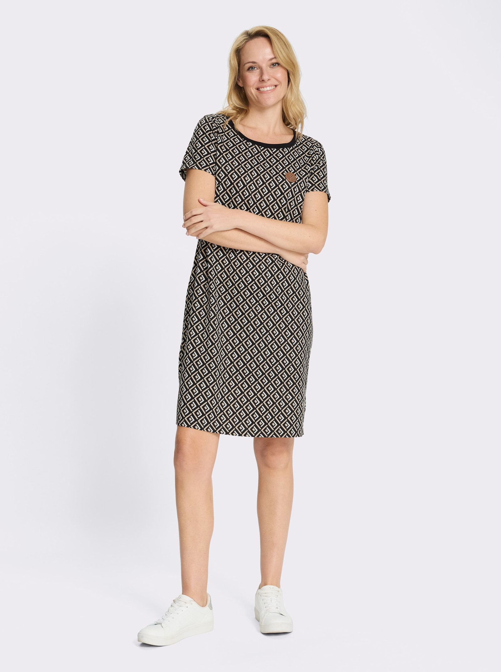 Žerzejové šaty s grafickým vzorem - béžová-černá-potisk