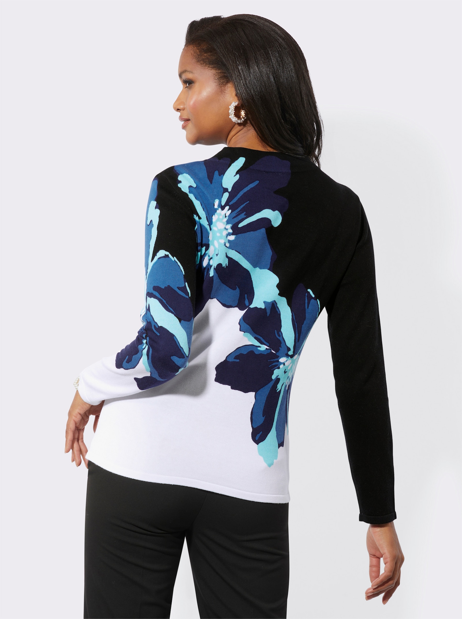 Langarm-Pullover mit Kelchkragen - schwarz-aquamarin-bedruckt