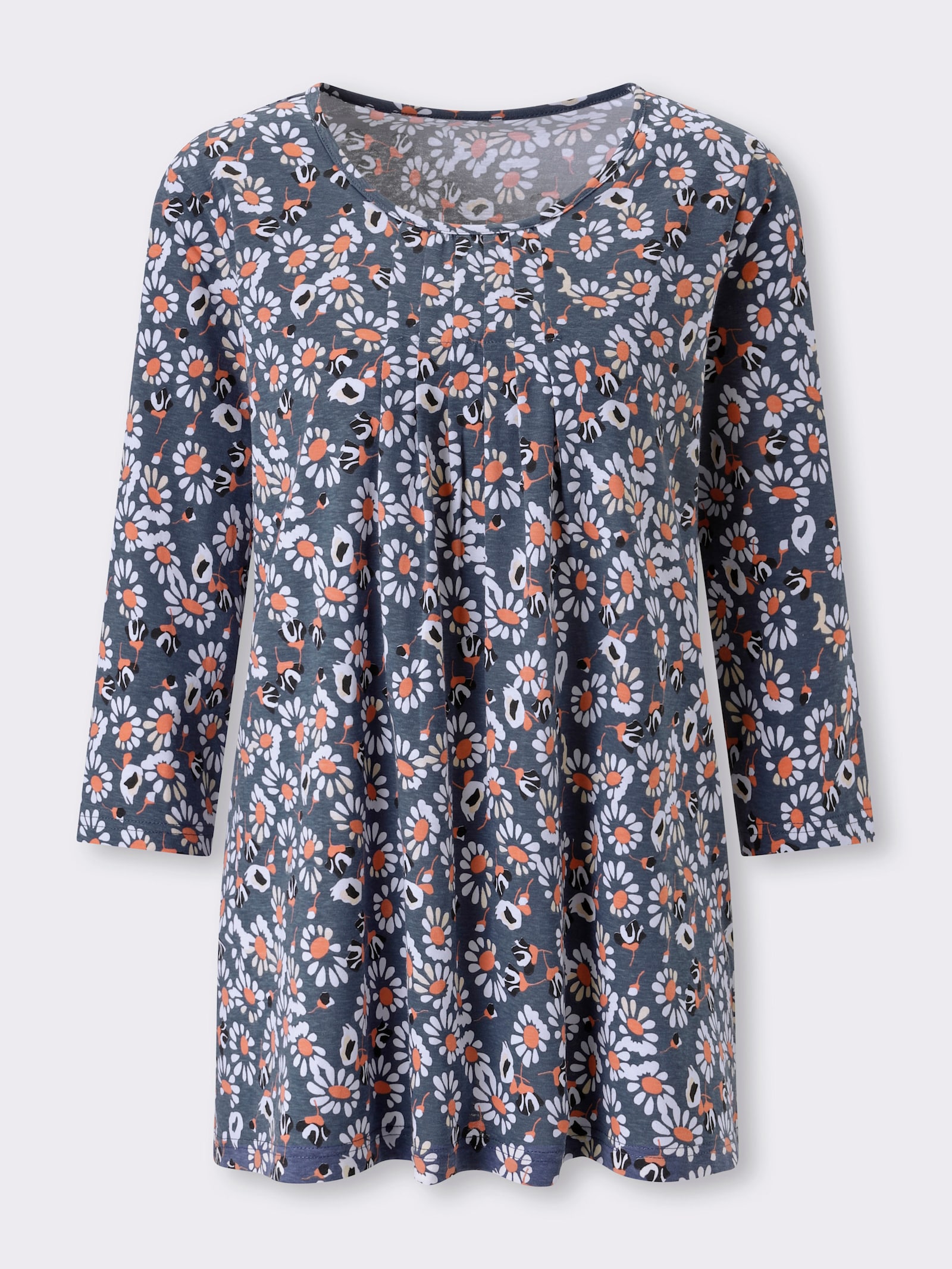 Longshirt im Blüten-Dessin - rauchblau-papaya-bedruckt