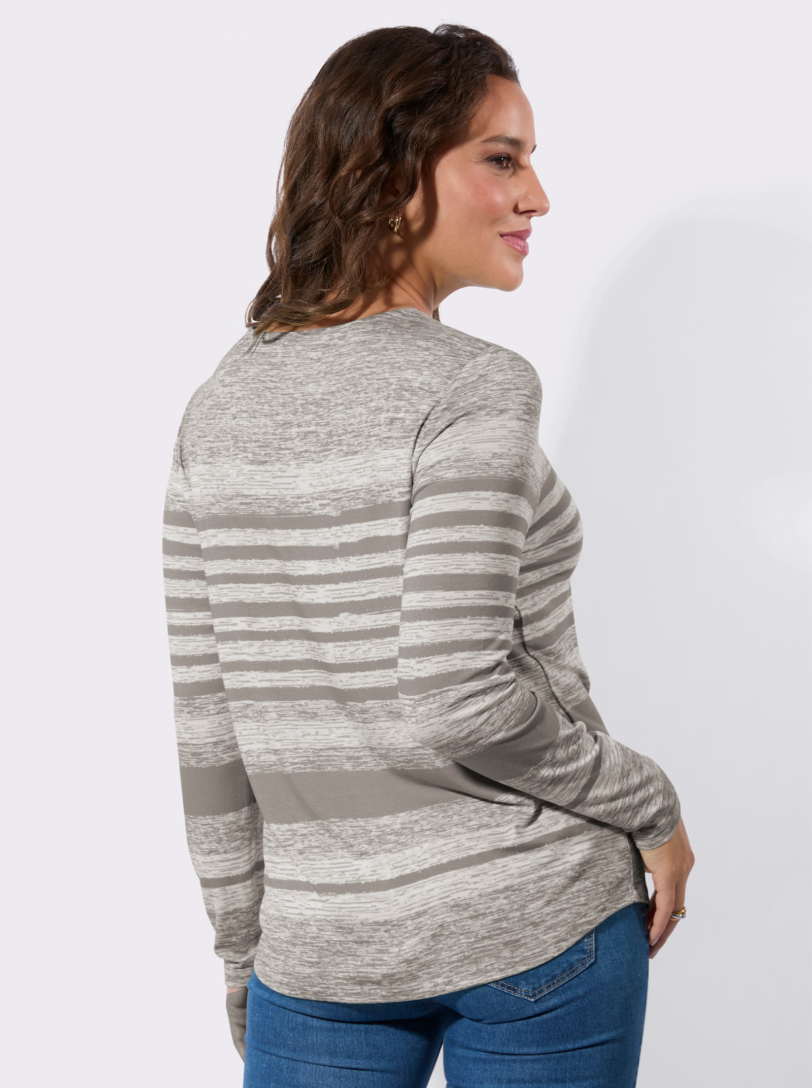 V-shirt met op dessin geplaatste print - taupe/ecru geprint