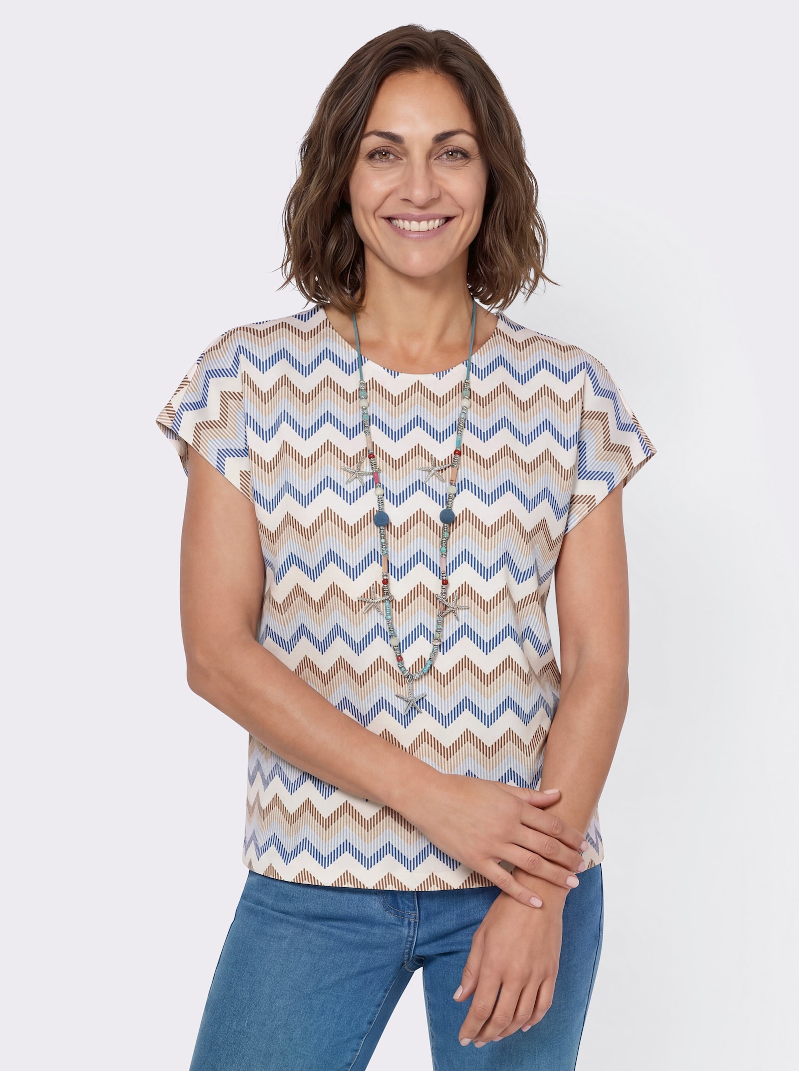 Kurzarmshirt im Zickzack-Muster - hellblau-beige-bedruckt