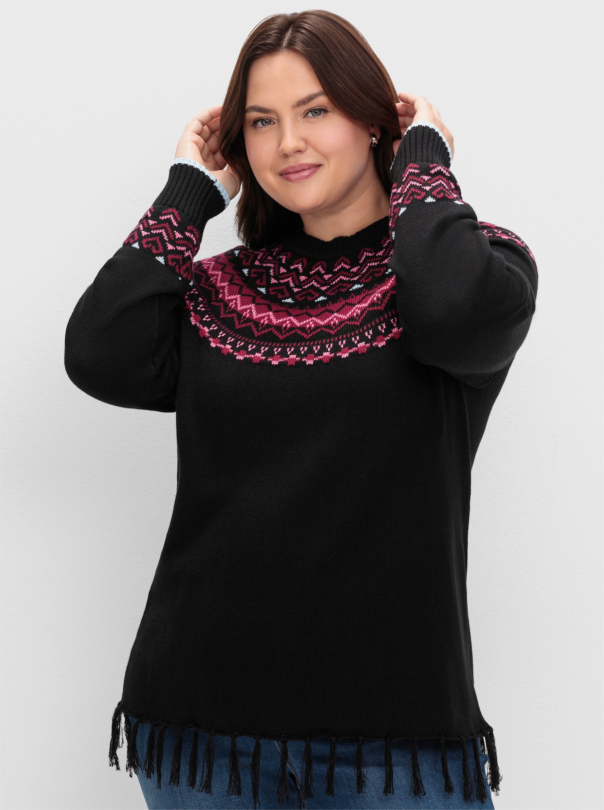 sheego Noorse trui van jacquard - zwart gedessineerd