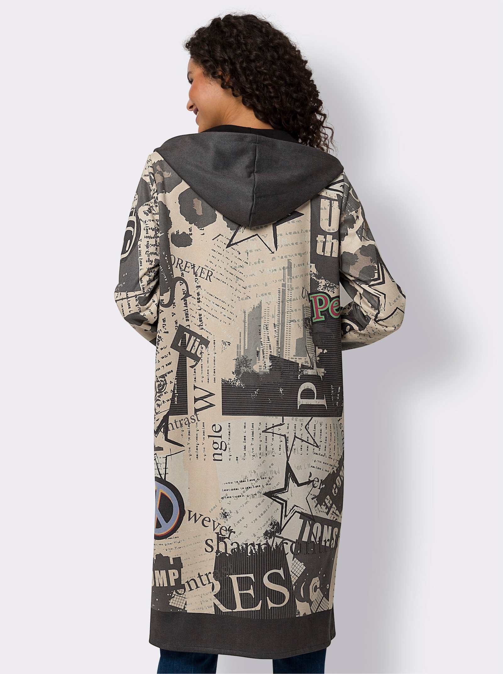 heine Shirtjacke mit Kapuze - sand-schwarz-bedruckt