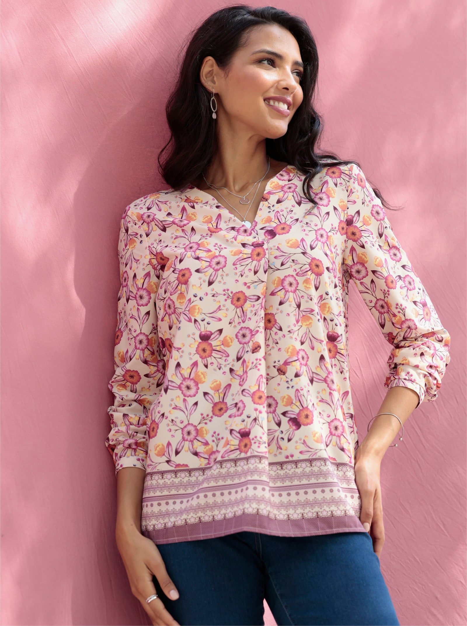 Tunika mit Blüten- und Bordürenprint - elfenbein-burgund-bedruckt